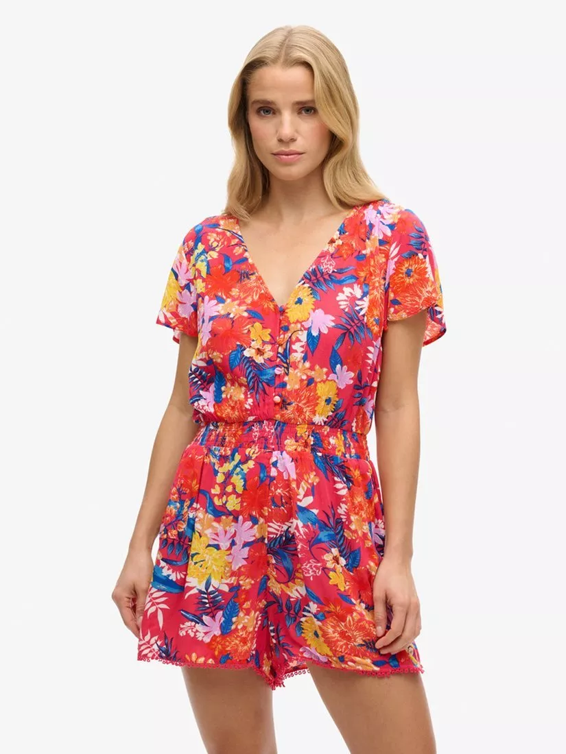 Superdry Short Sleeve Beach Playsuit, Pink Anenome