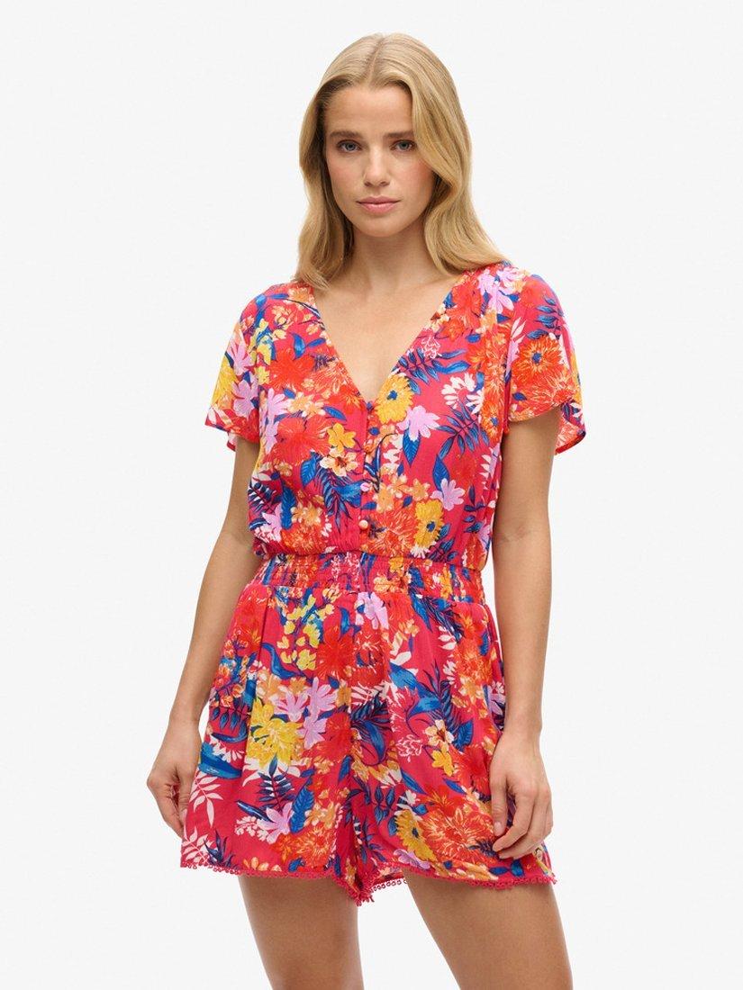 Product image 1 of 4, which shows Superdry Short Sleeve Beach Playsuit, Pink Anenome, 8