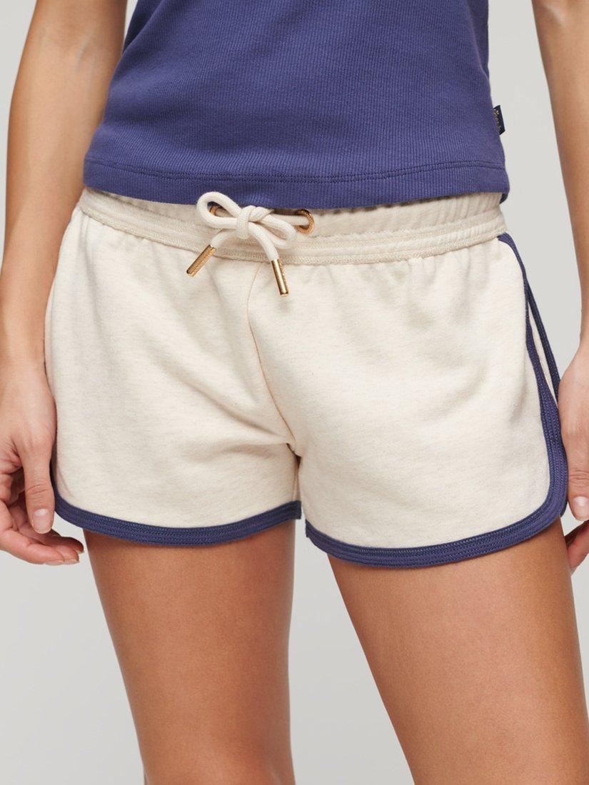 Product image 1 of 4, which shows Superdry Essential Logo Racer Shorts, Light Oat Marl/Navy, 16
