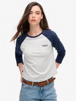 Superdry Essential Logo Long Sleeve Baseball Top, Navy/Grey Marl