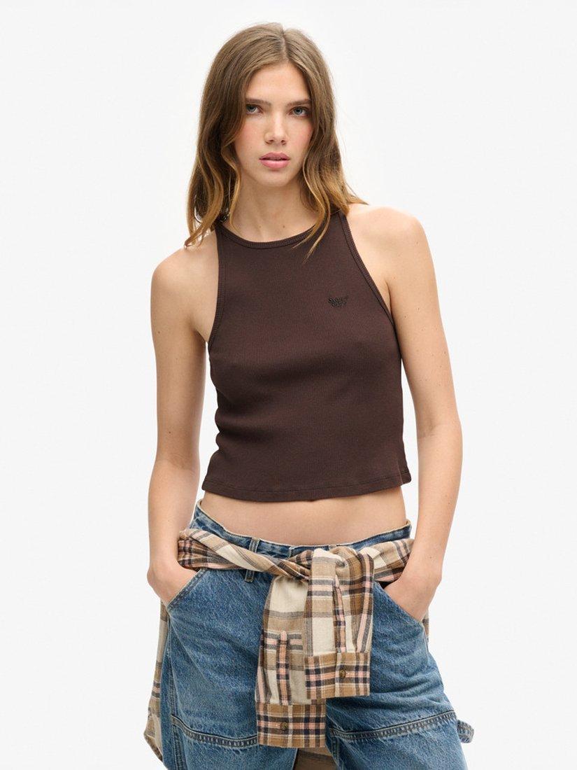 Product image 1 of 4, which shows Superdry Essential Logo Racer Vest Top, Dark Brown, 10-12