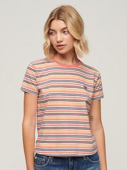 Superdry Essential Logo Striped Fitted T-Shirt, Sunset Coral Stripe, Sunset Coral Stripe