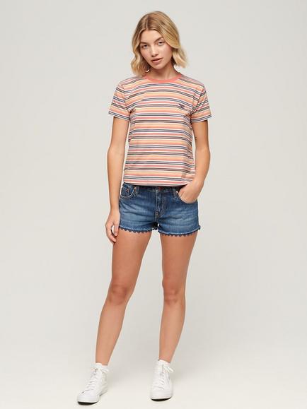 Superdry Essential Logo Striped Fitted T-Shirt, Sunset Coral Stripe - view 2, Sunset Coral Stripe