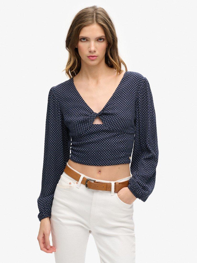 Product image 1 of 5, which shows Superdry Long Sleeve Crop Blouse, Scotty Navy, 12