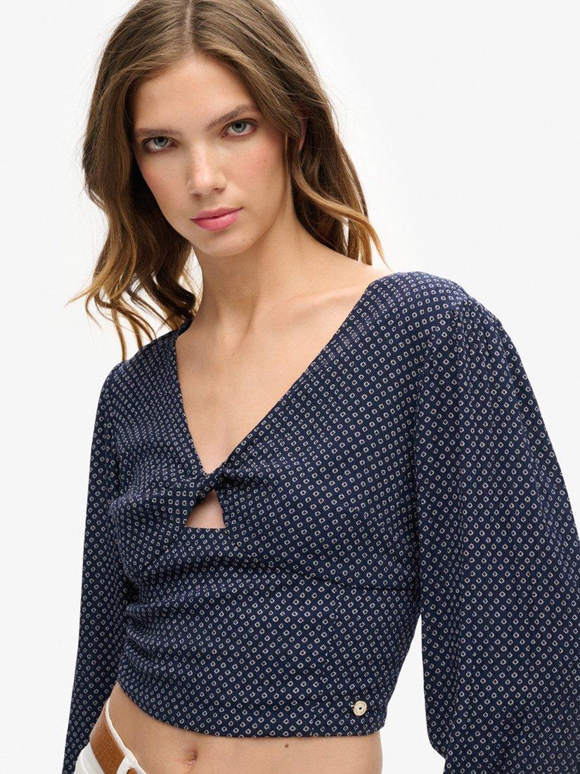 Product image 4 of 5, which shows Superdry Long Sleeve Crop Blouse, Scotty Navy, 12