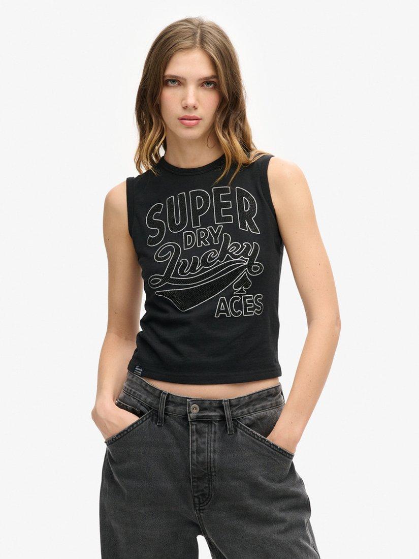 Product image 1 of 5, which shows Superdry Retro Embellished Vest Top, Nero Black Marl, 8