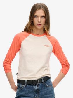 Superdry Essential Logo Long Sleeve Baseball Top, Coral/Oat Marl