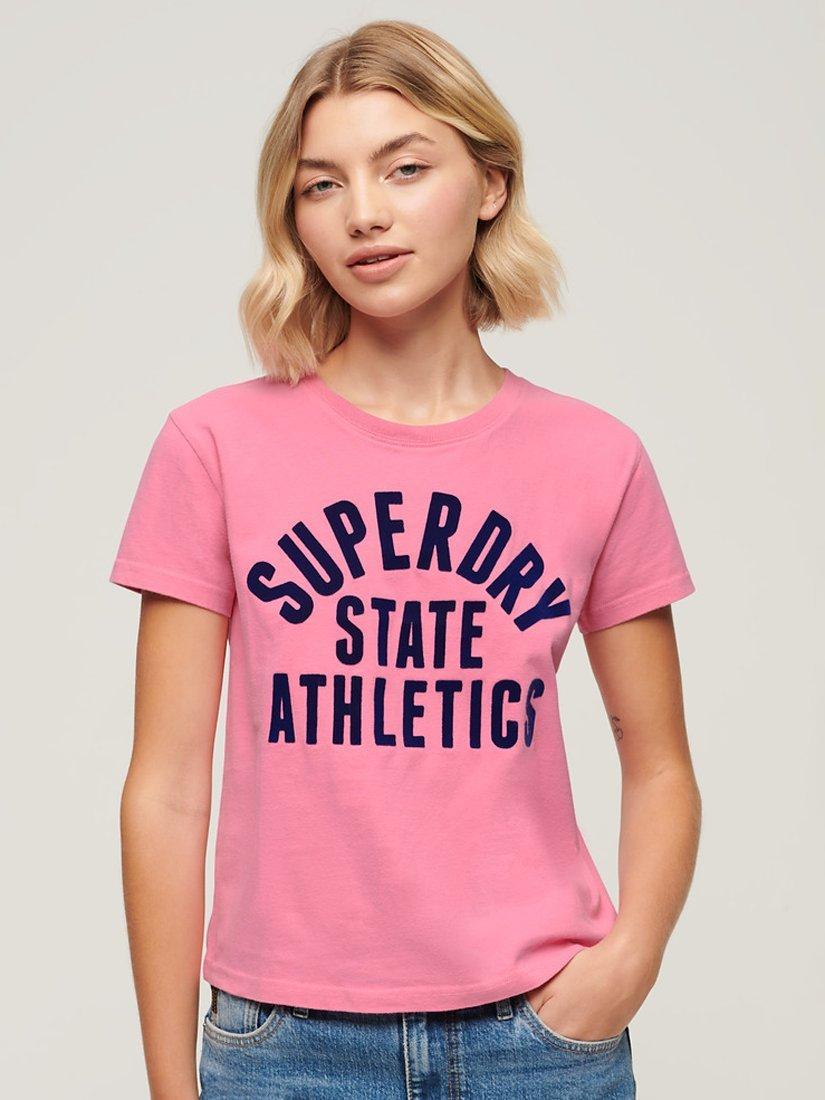 Superdry Varsity Flocked Fitted T-Shirt, Fluro Pink