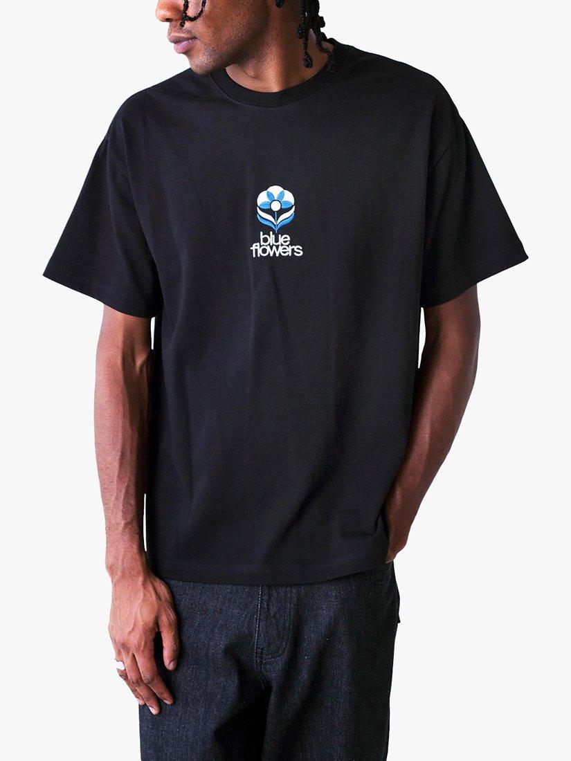 Product image 1 of 3, which shows Blue Flowers Flower T-Shirt, Black, S