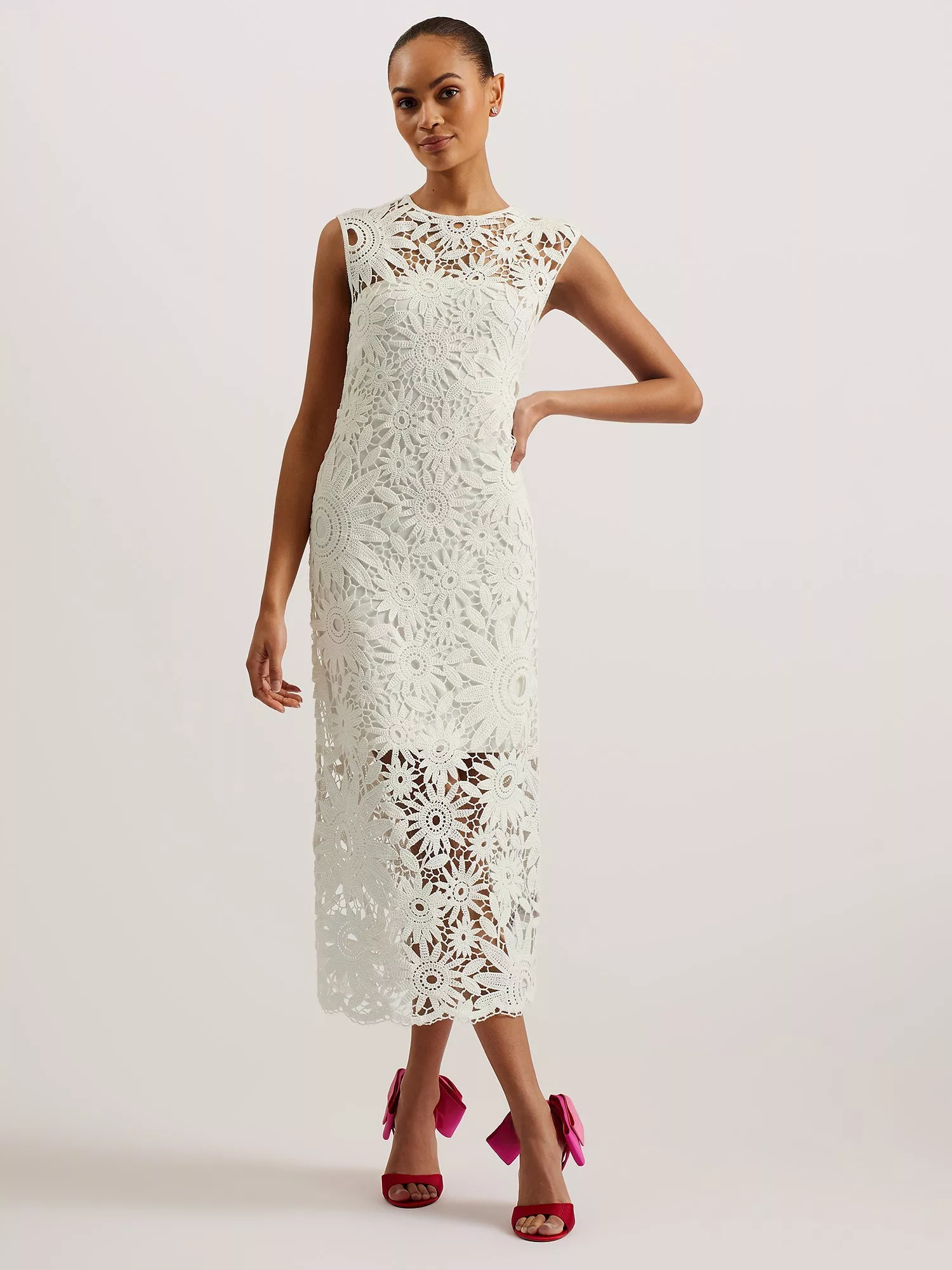 Ted Baker Corha Floral Embroidery Midi Dress Natural Ivory