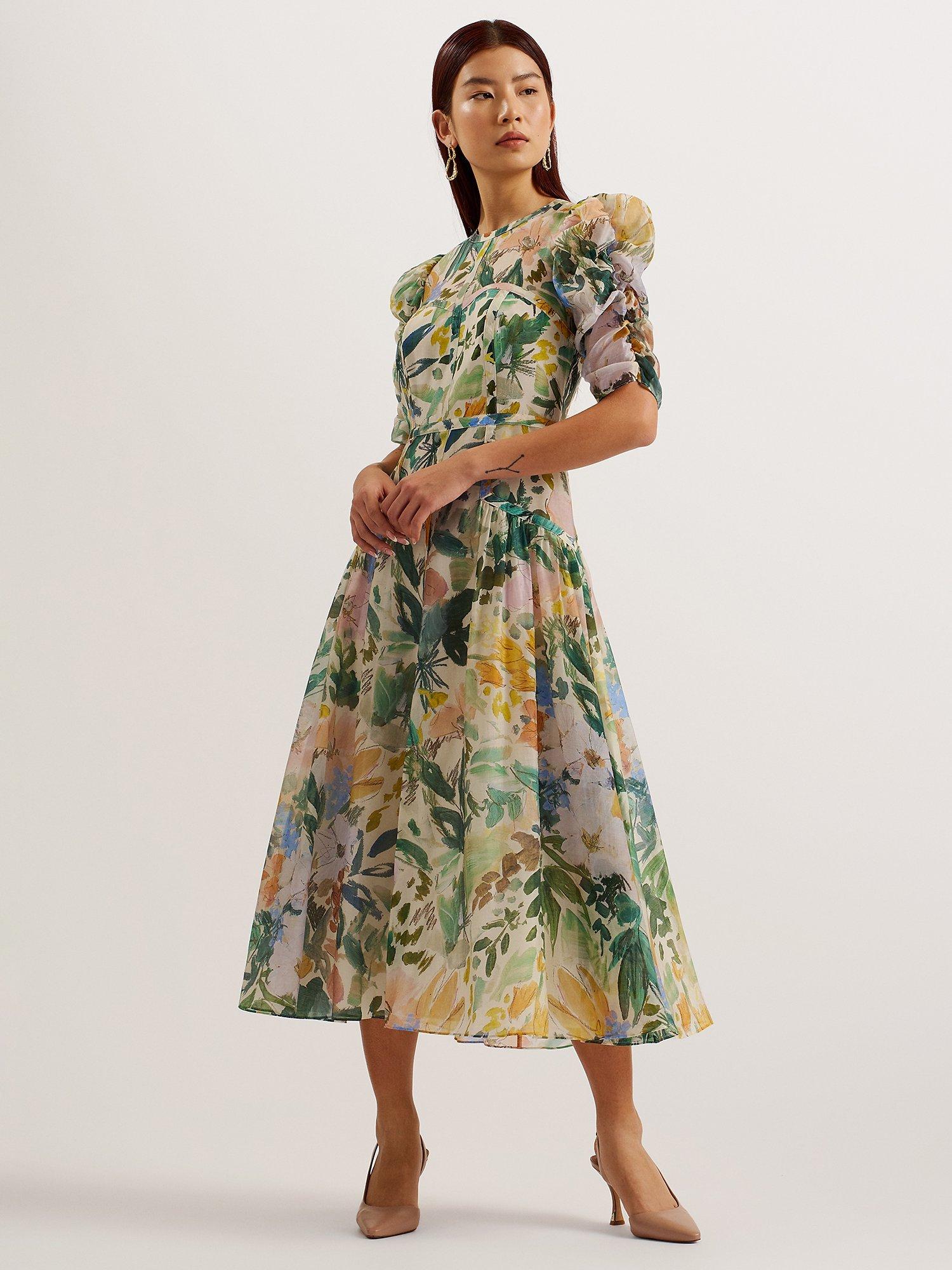 Ted Baker Mincia Floral Puff Sleeve Midi Dress, Natural Ivory/Multi