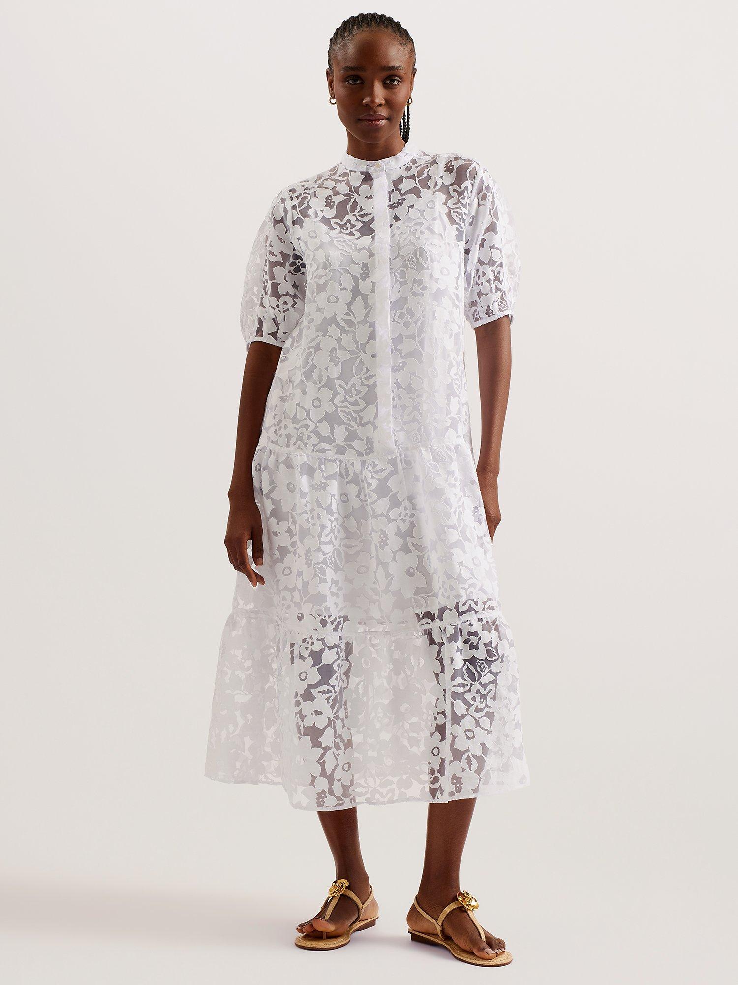Ted Baker Claarey Tiered Button Through Midi Dress, White