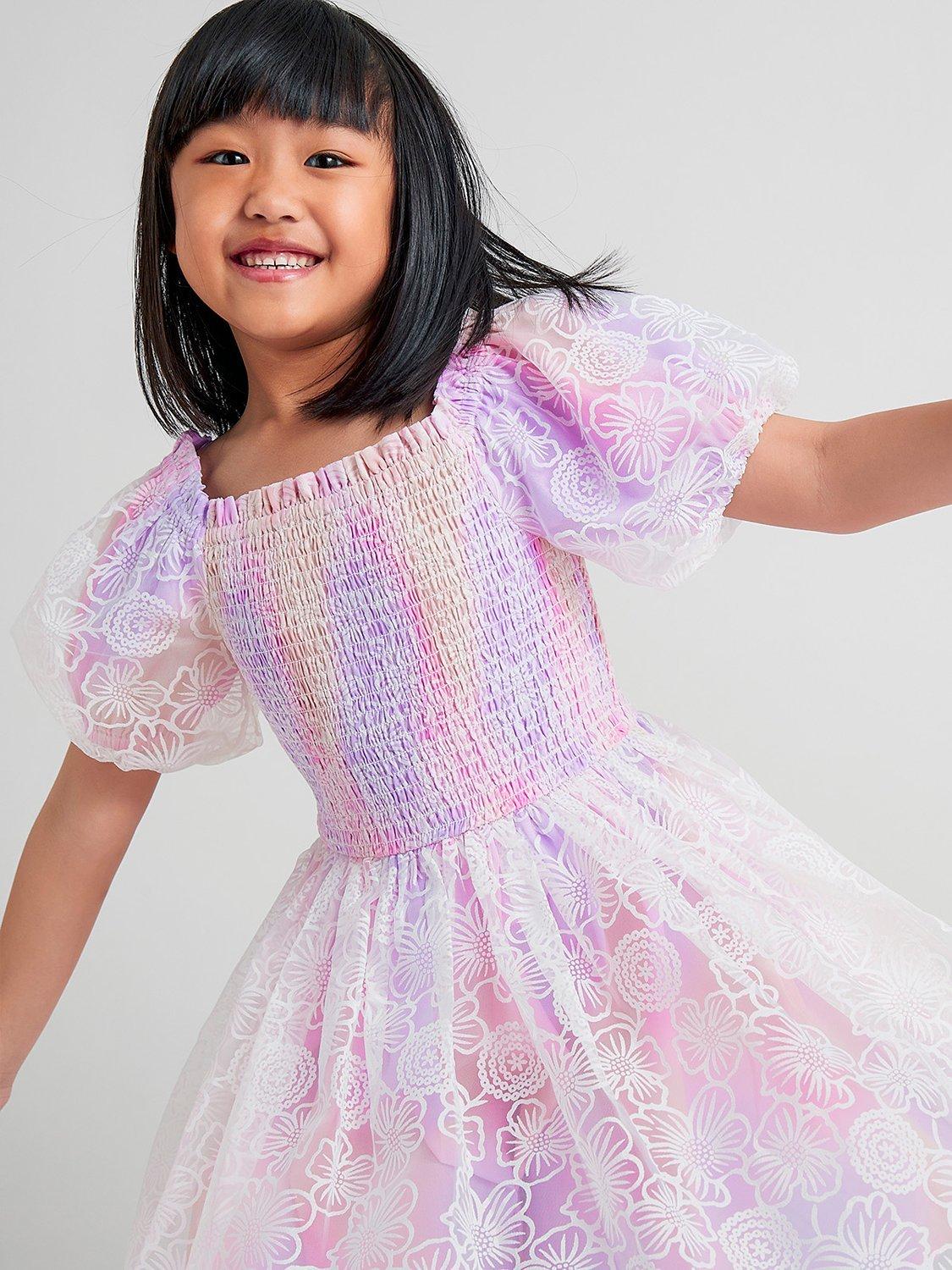 Monsoon Kids Ombre Floral Shirred Puff Sleeve Occasion Dress Lilac