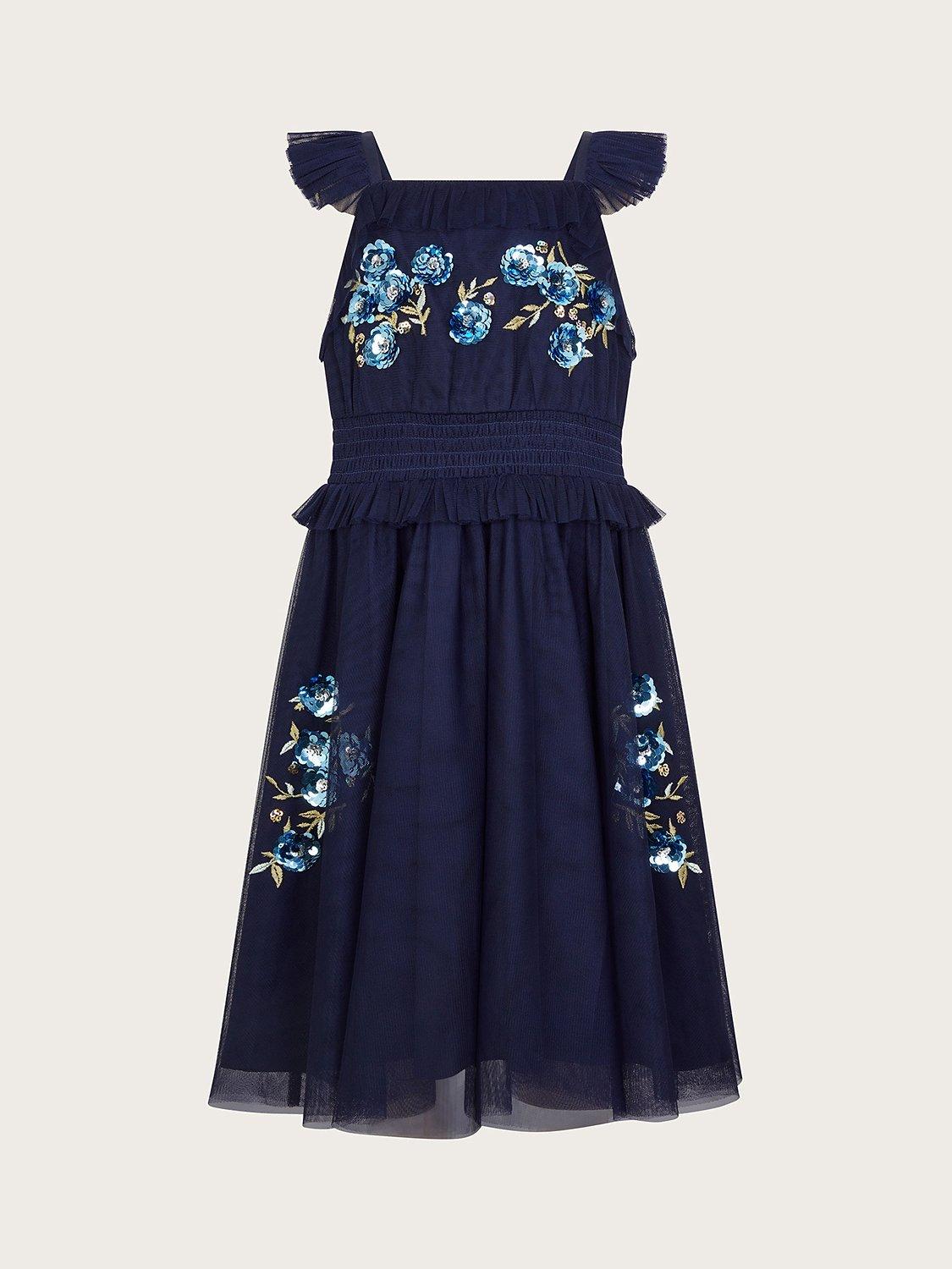 Monsoon Kids' Ria Floral Sequin Midi Dress, Navy