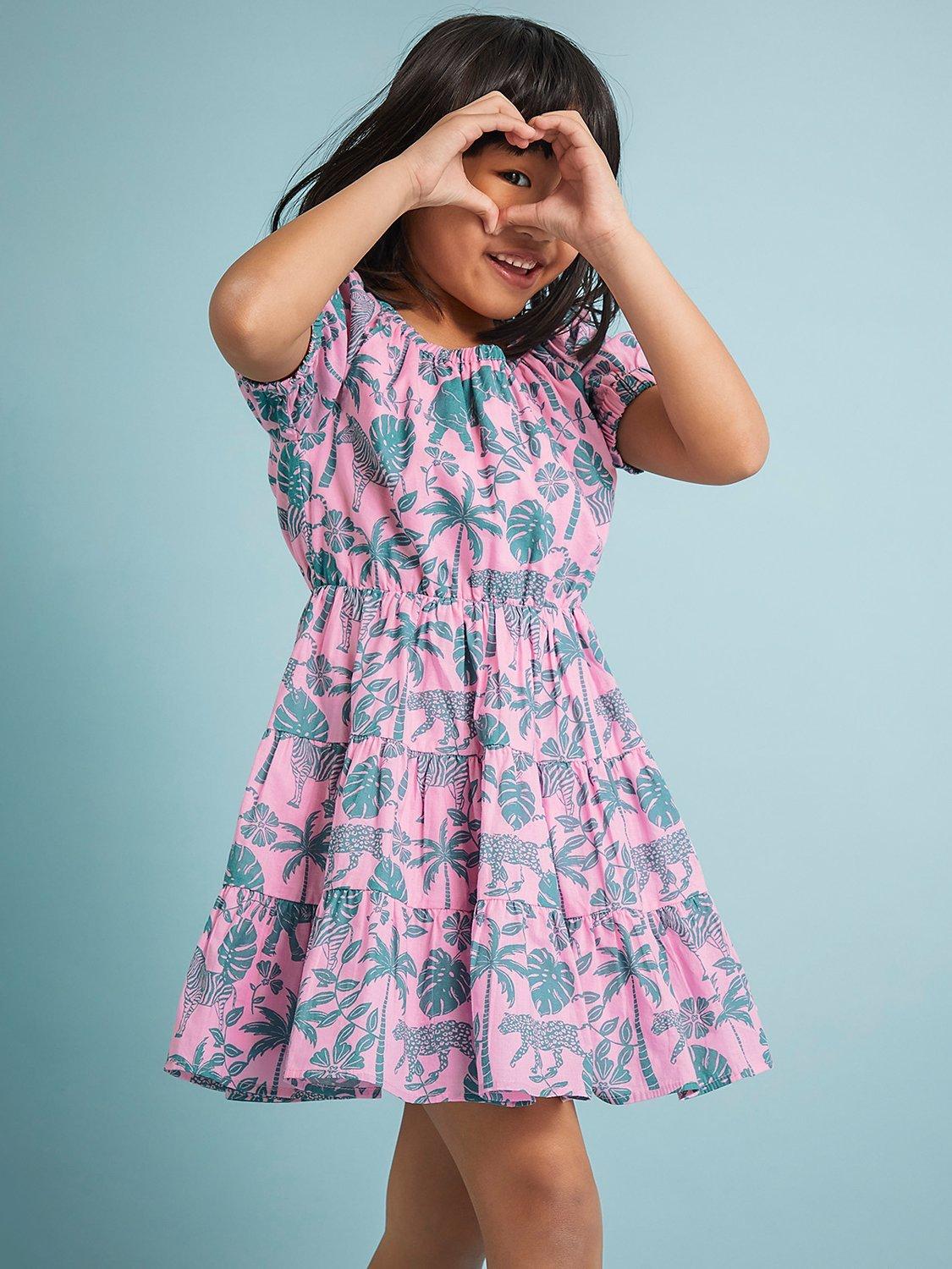 Monsoon Kids' Elephant Print Tiered Dress, Pale Pink