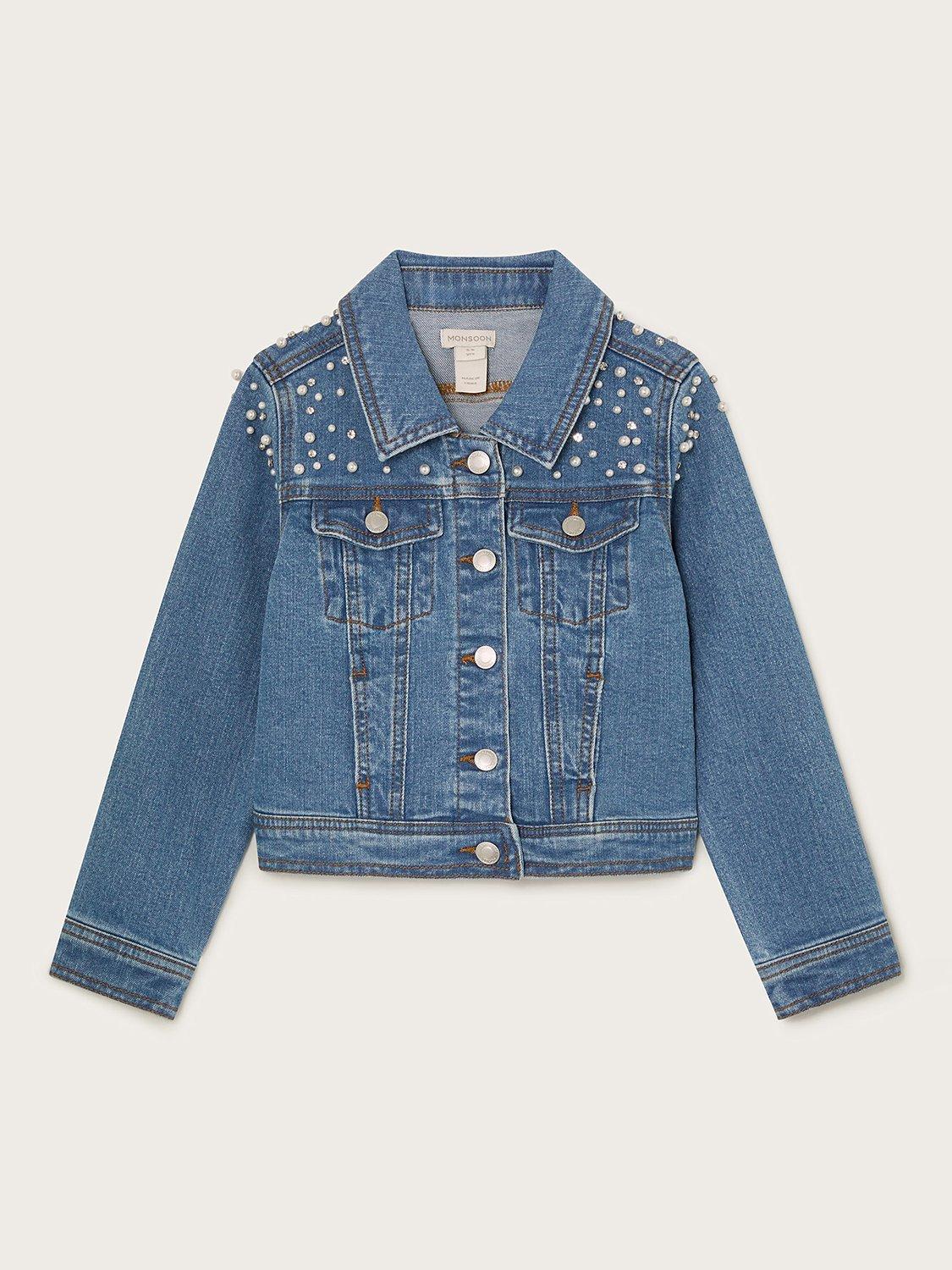 Monsoon Kids' Pearl Stud Denim Jacket, Blue