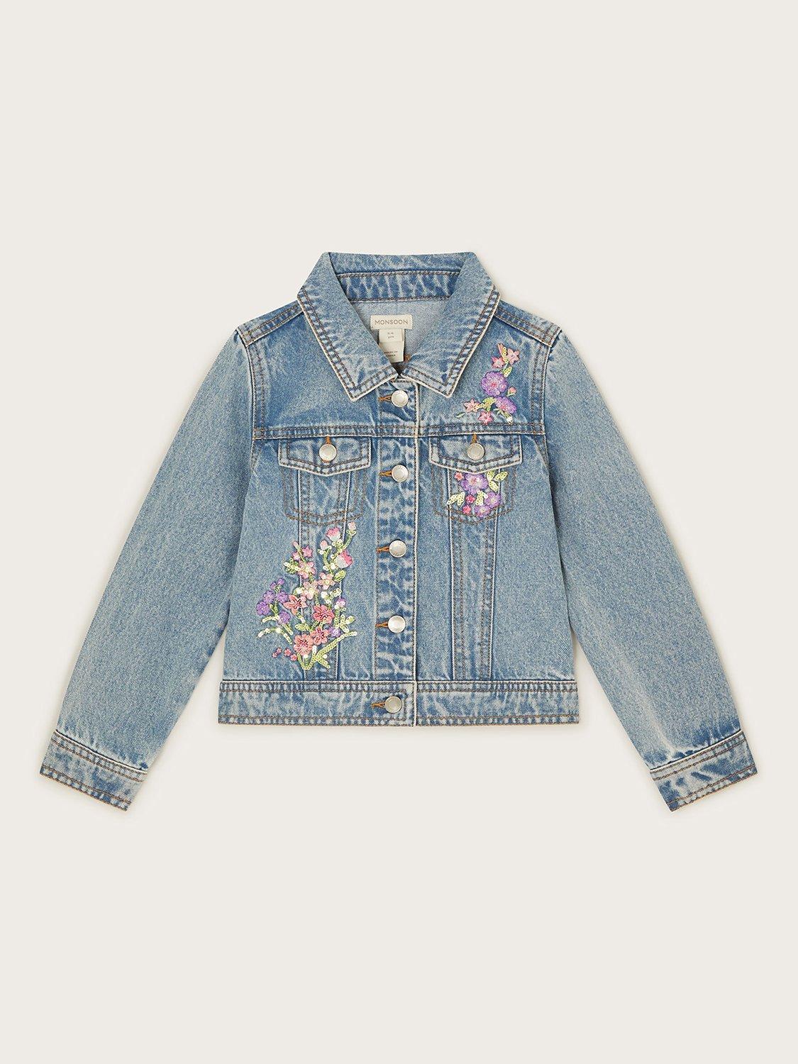 Monsoon Embroidered Floral Denim Jacket, Blue