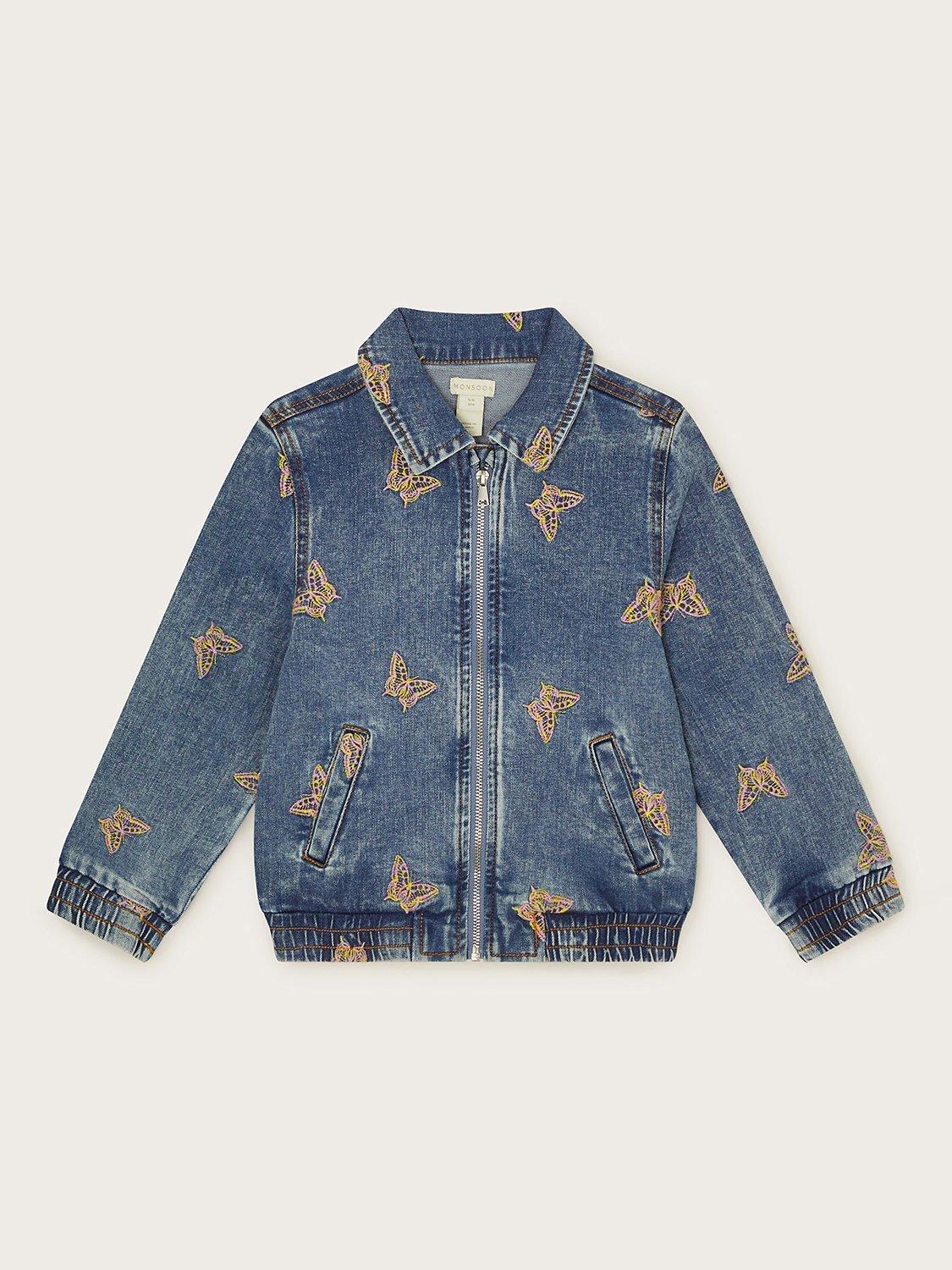 Monsoon Kids' Butterfly Embroidered Zip Denim Jacket, Blue