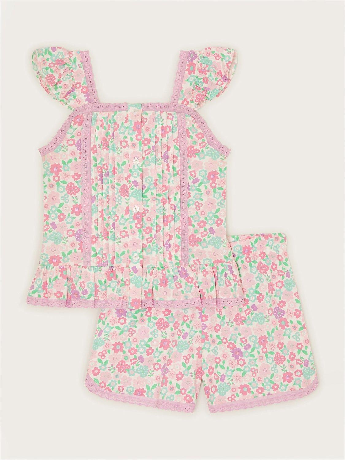 Monsoon Kids' Penny Ditsy Floral Print Jersey Shorty Pyjamas, Pink/Multi, Pink/Multi