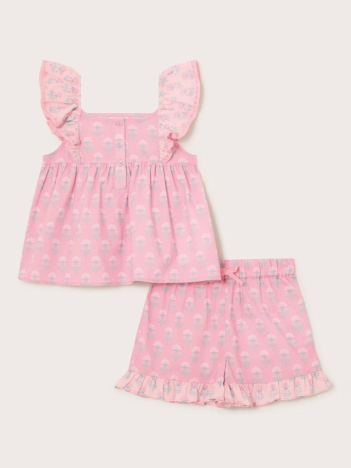 Monsoon Kids' Floral Woodblock Print Ruffle Shorty Pyjamas, Pink/Multi