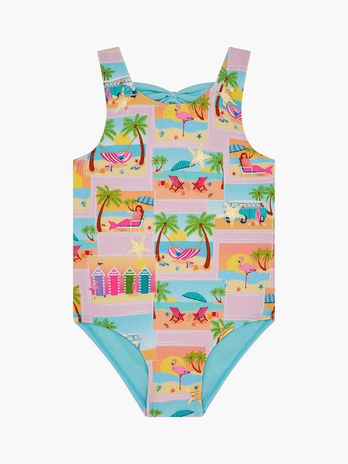 Monsoon Kids' Postcard Stamp Print Swimsuit, Blue/Multi