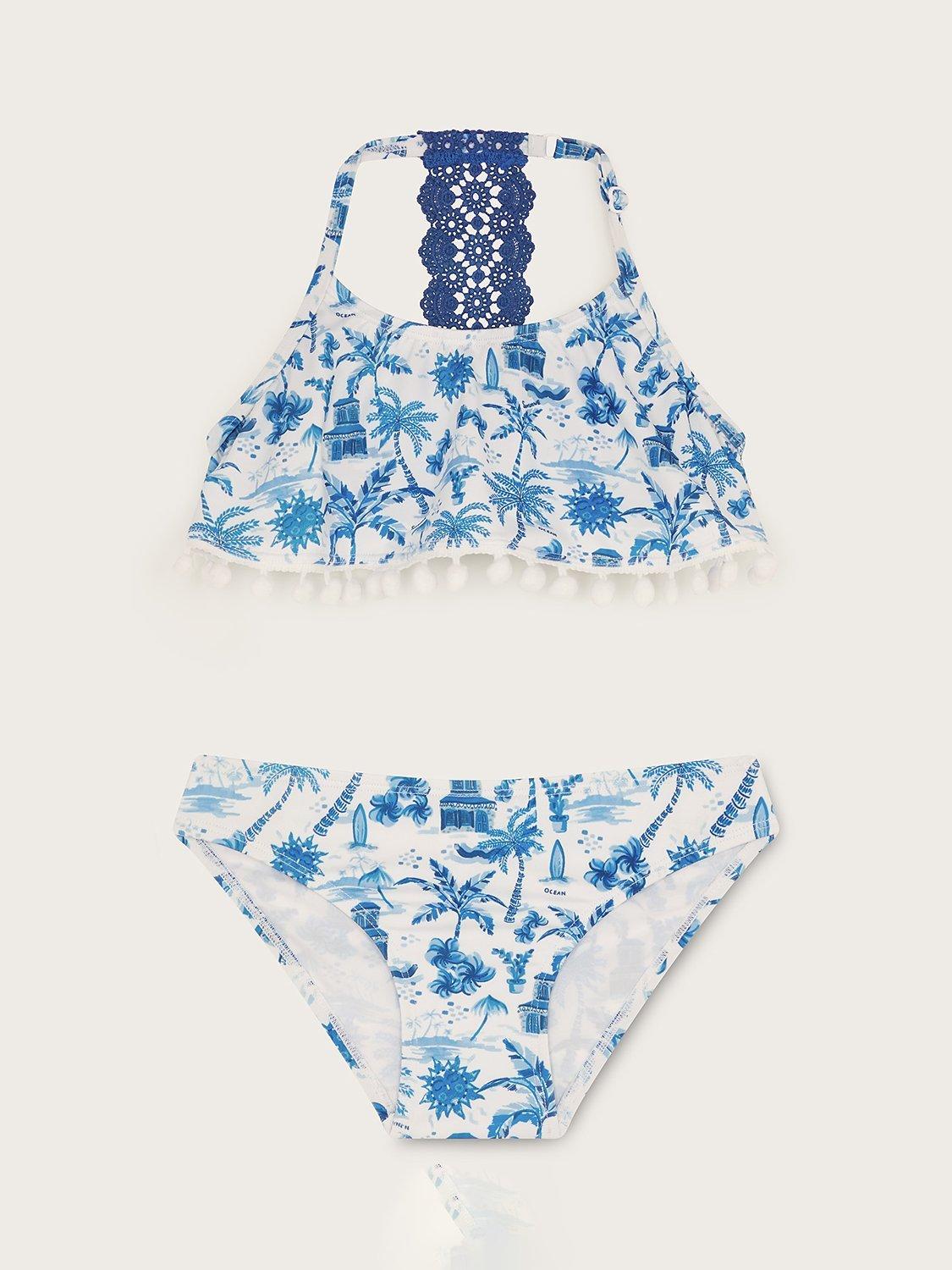 Monsoon Kids' Resort Print Bikini, Blue/White, 9-10 years