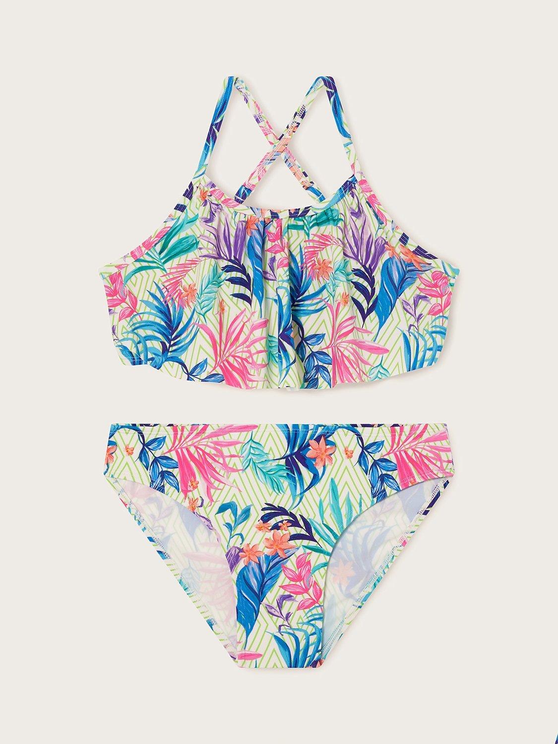 Product image 1 of 3, which shows Monsoon Kids' Storm Palm Tree Print Frill Bikini, Ivory/Multi, 15 years