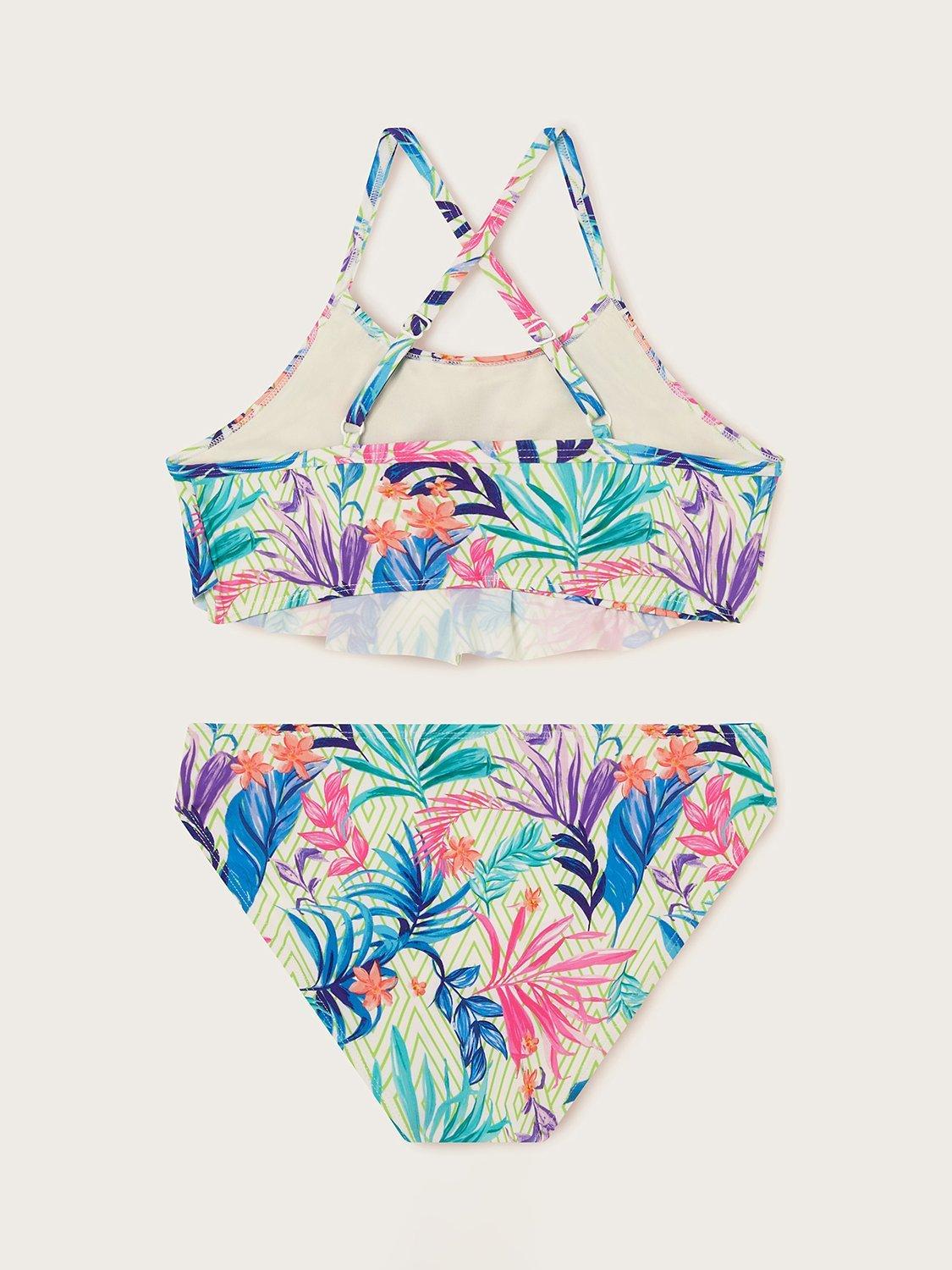 Product image 2 of 3, which shows Monsoon Kids' Storm Palm Tree Print Frill Bikini, Ivory/Multi, 15 years