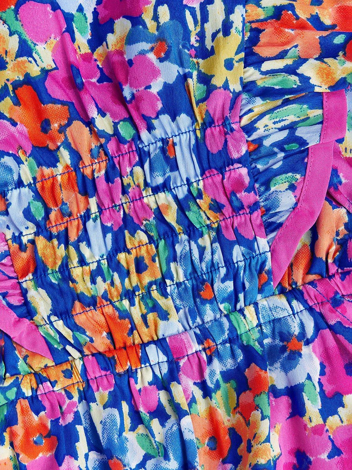 Product image 4 of 4, which shows Monsoon Kids' Bright Floral Cut Out Jumpsuit, Blue, 4 years