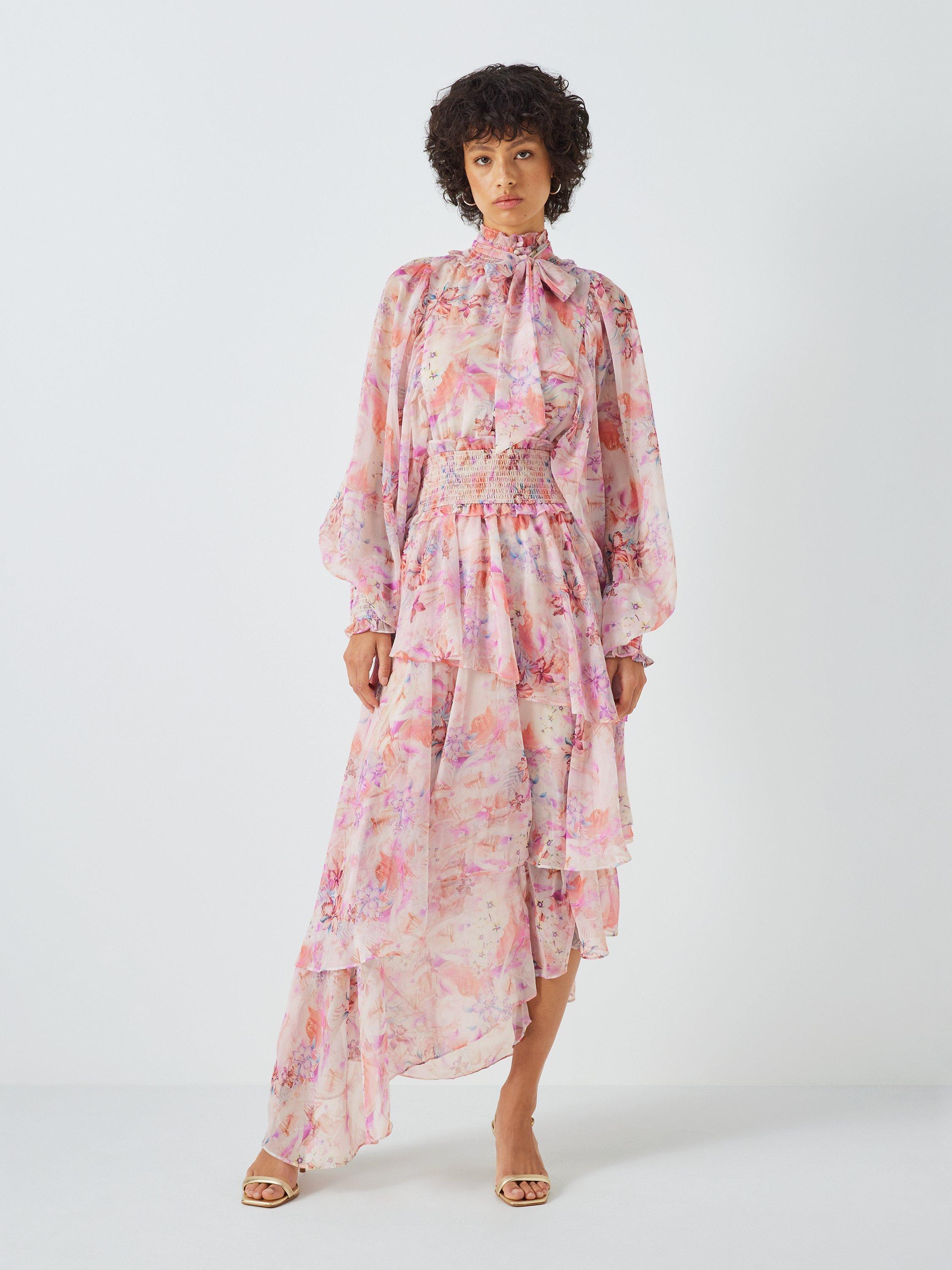 Elliatt Inseparable Floral Print Billow Sleeves Ruffle Maxi Dress, Pink