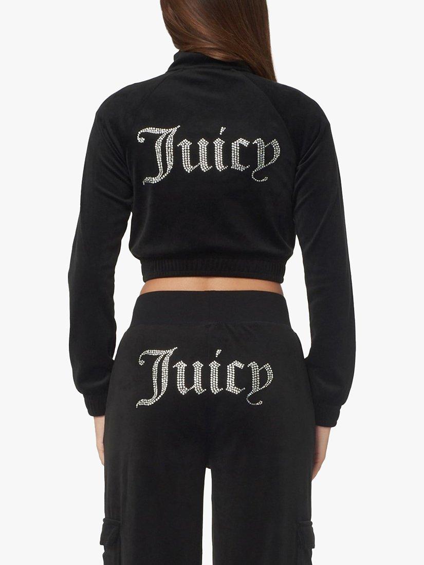 Product image 2 of 2, which shows Juicy Couture Tasha Diamante Embellished Cropped Velour Track Top, Black, XS