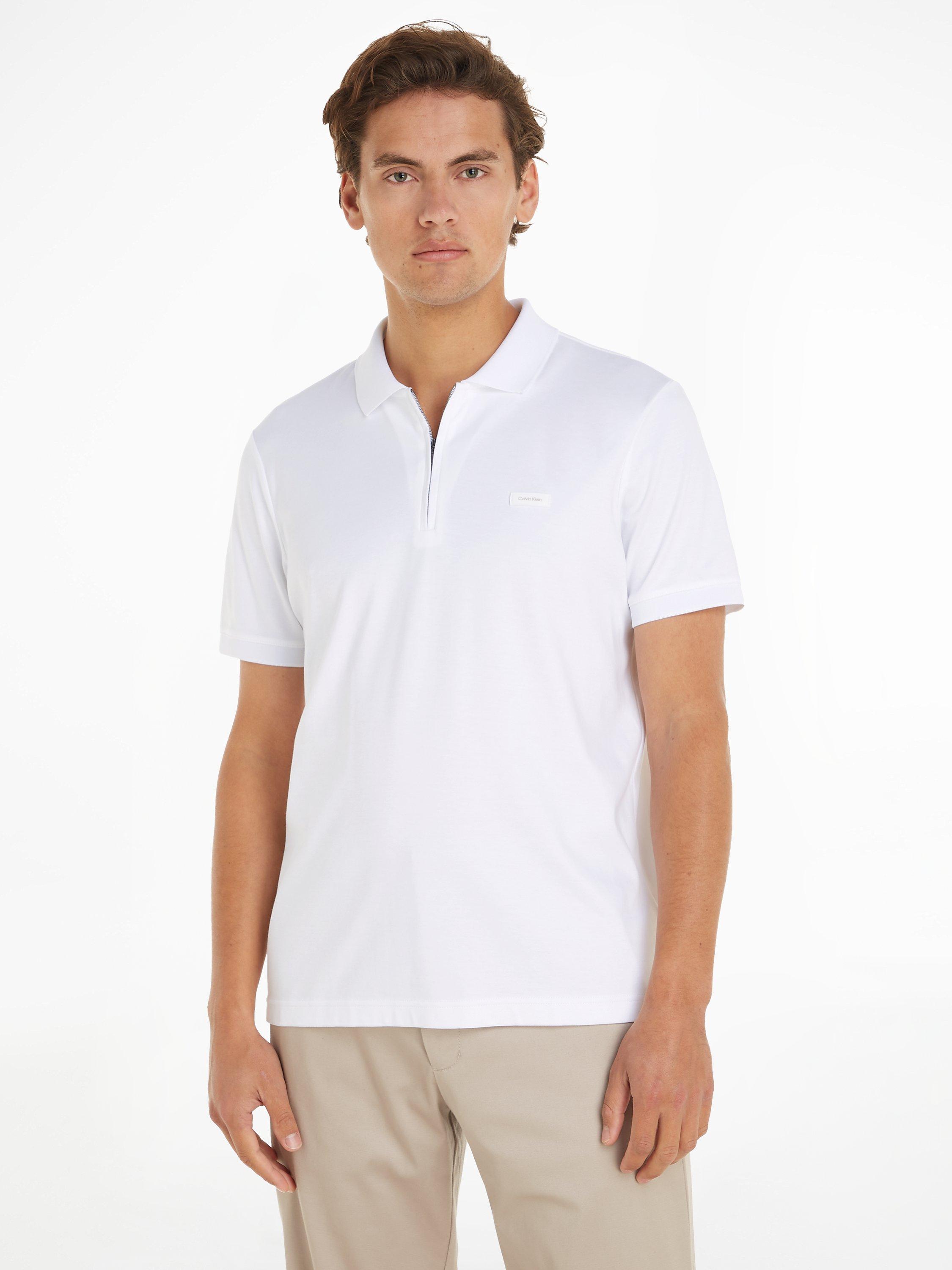 Product image 1 of 5, which shows Calvin Klein Cotton Zip Polo Top, Bright White, XS