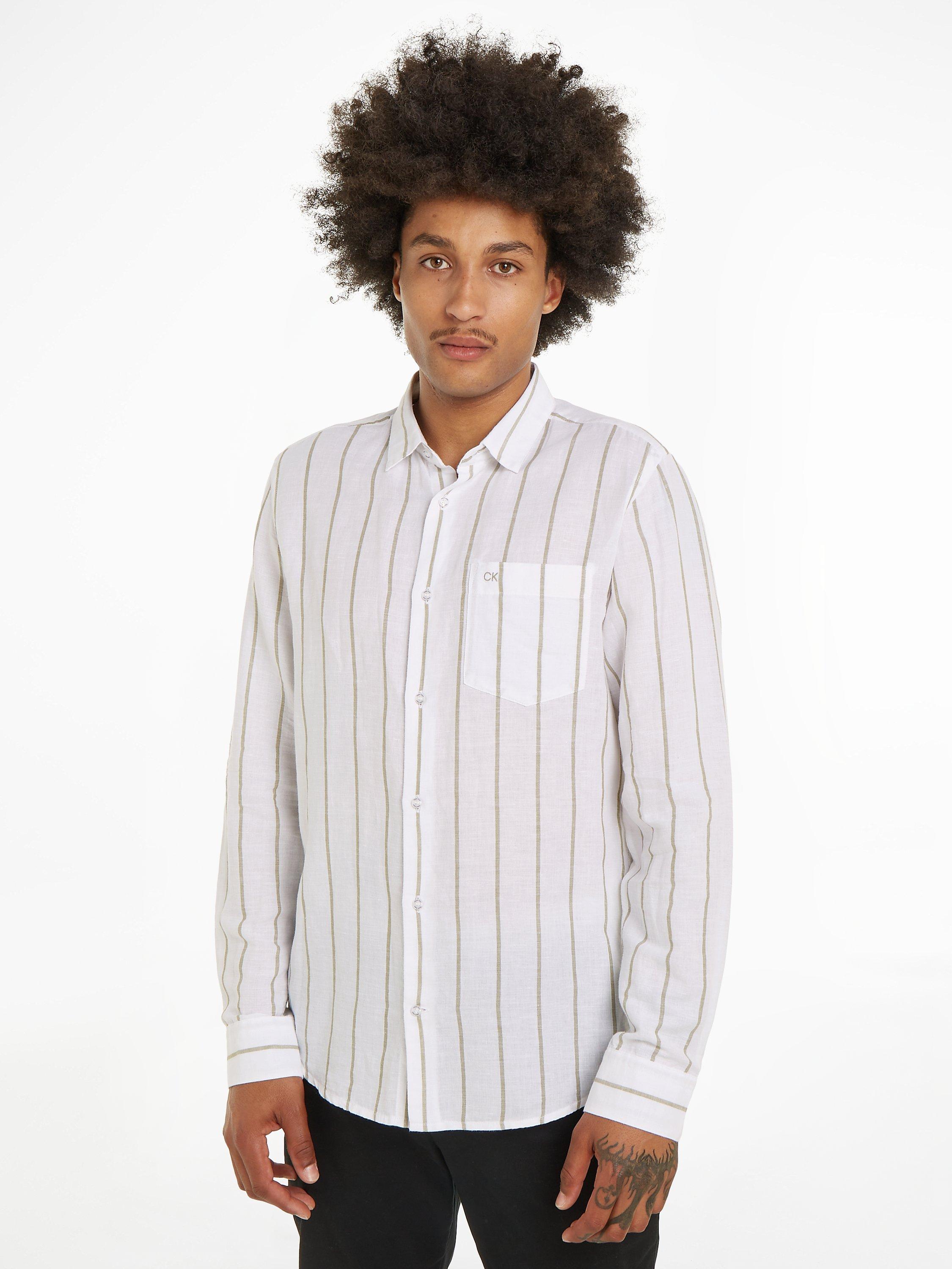 Calvin Klein Linen Blend Stripe Shirt, White/Delta Green