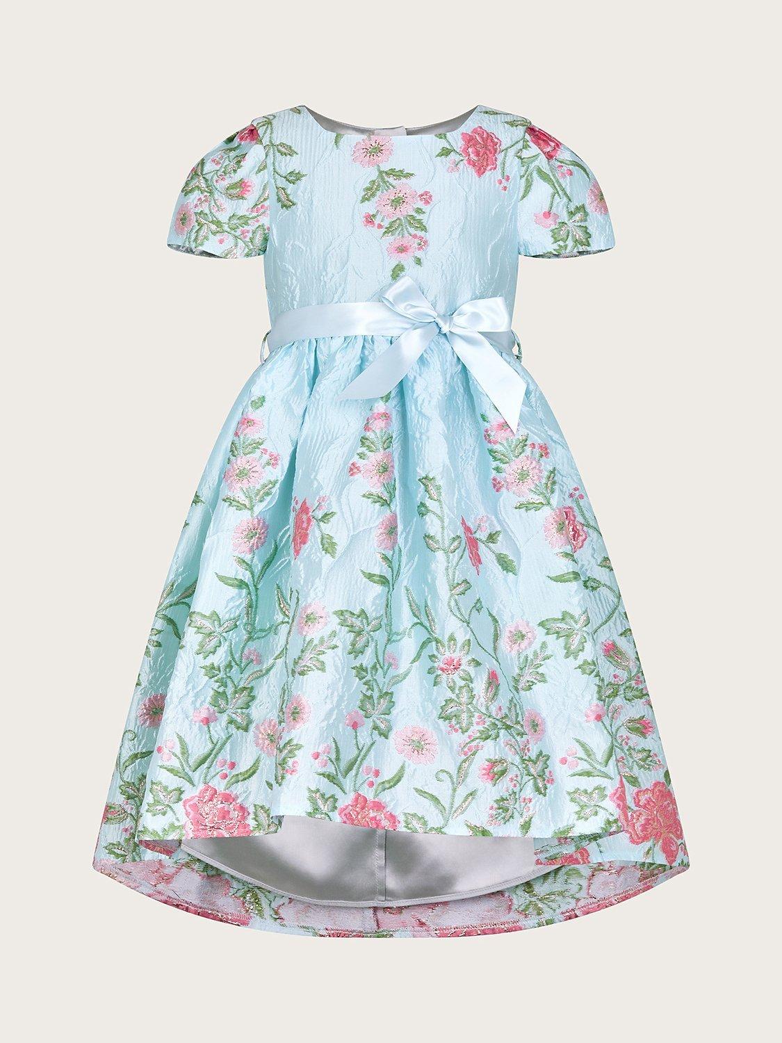 Monsoon Kids' Jacquard Floral Embroidered Border Occasion Dress, Pale Blue/Multi
