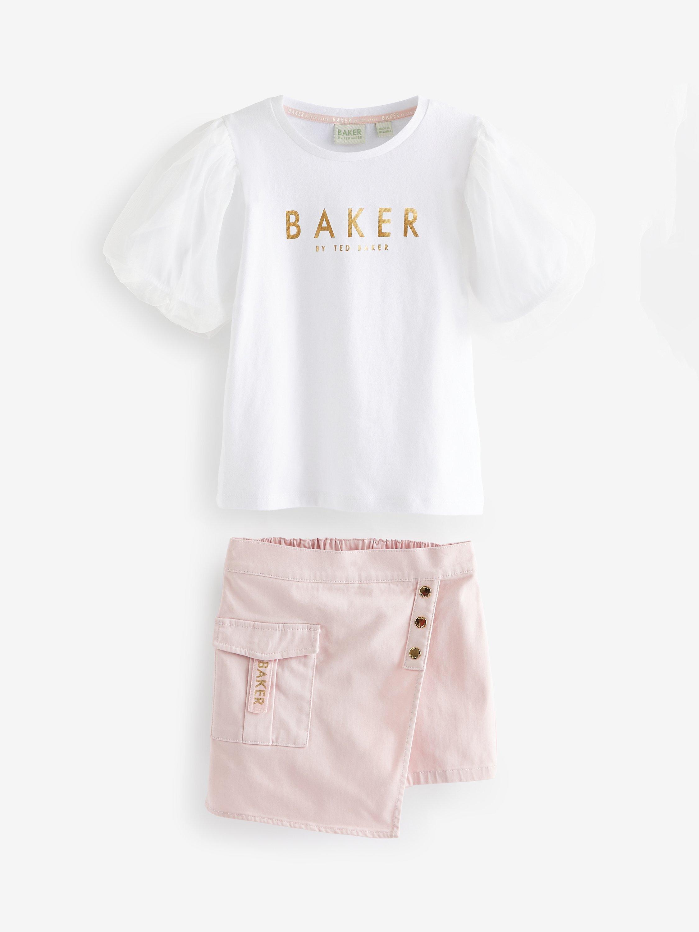 Ted Baker Kids' Logo Organza Puff Sleeve T-Shirt & Skort Set, Pink/White