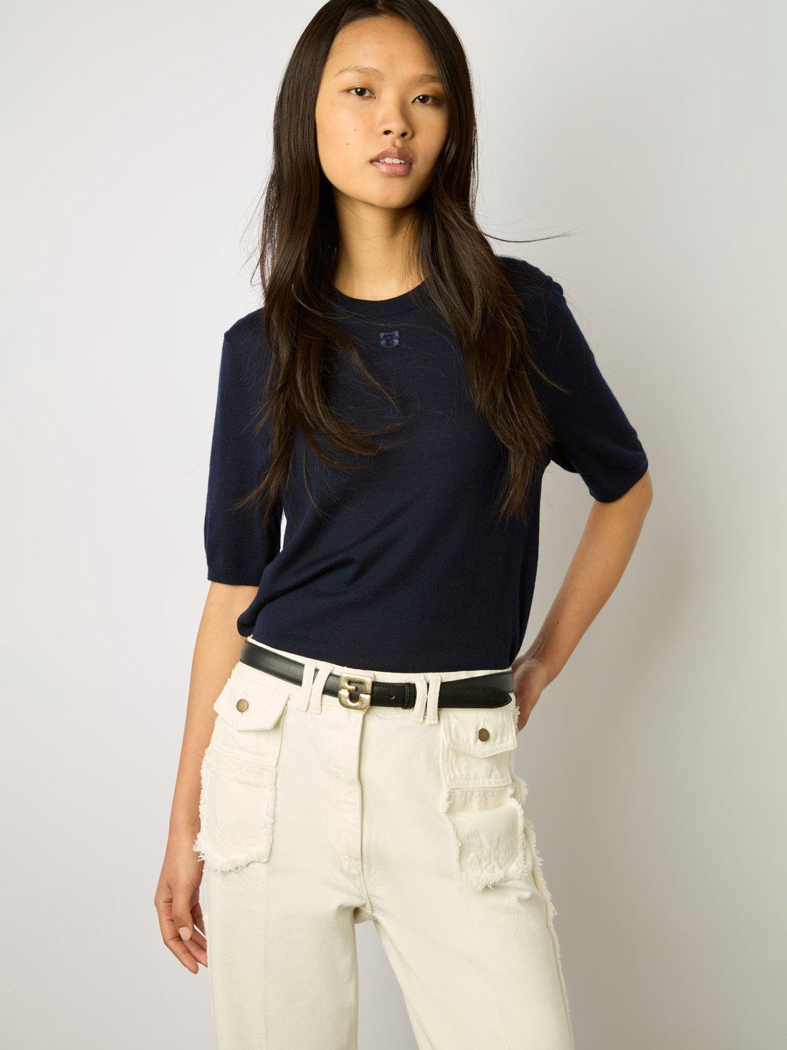 Product image 1 of 7, which shows Gerard Darel Lysea Merino Wool Top, Navy, 10