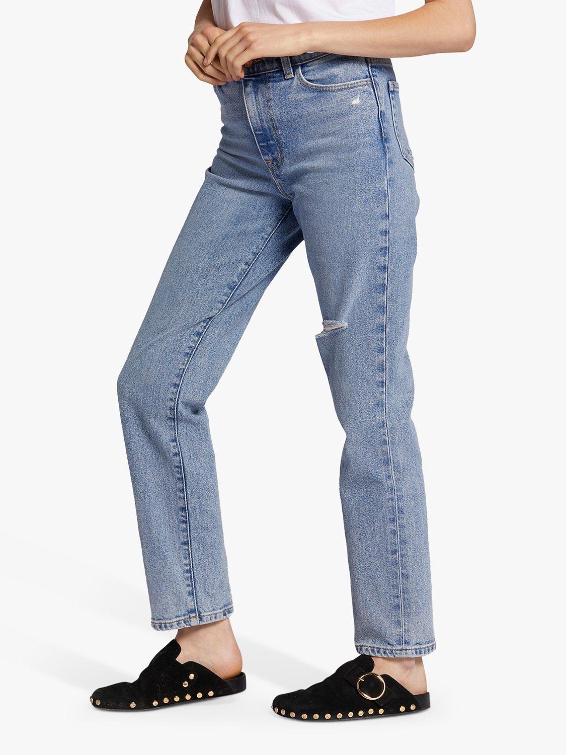 Product image 1 of 6, which shows Current/Elliott The Soulmate High Rise Slim Straight Distressed Jeans, Camino Light Blue, W23/L30