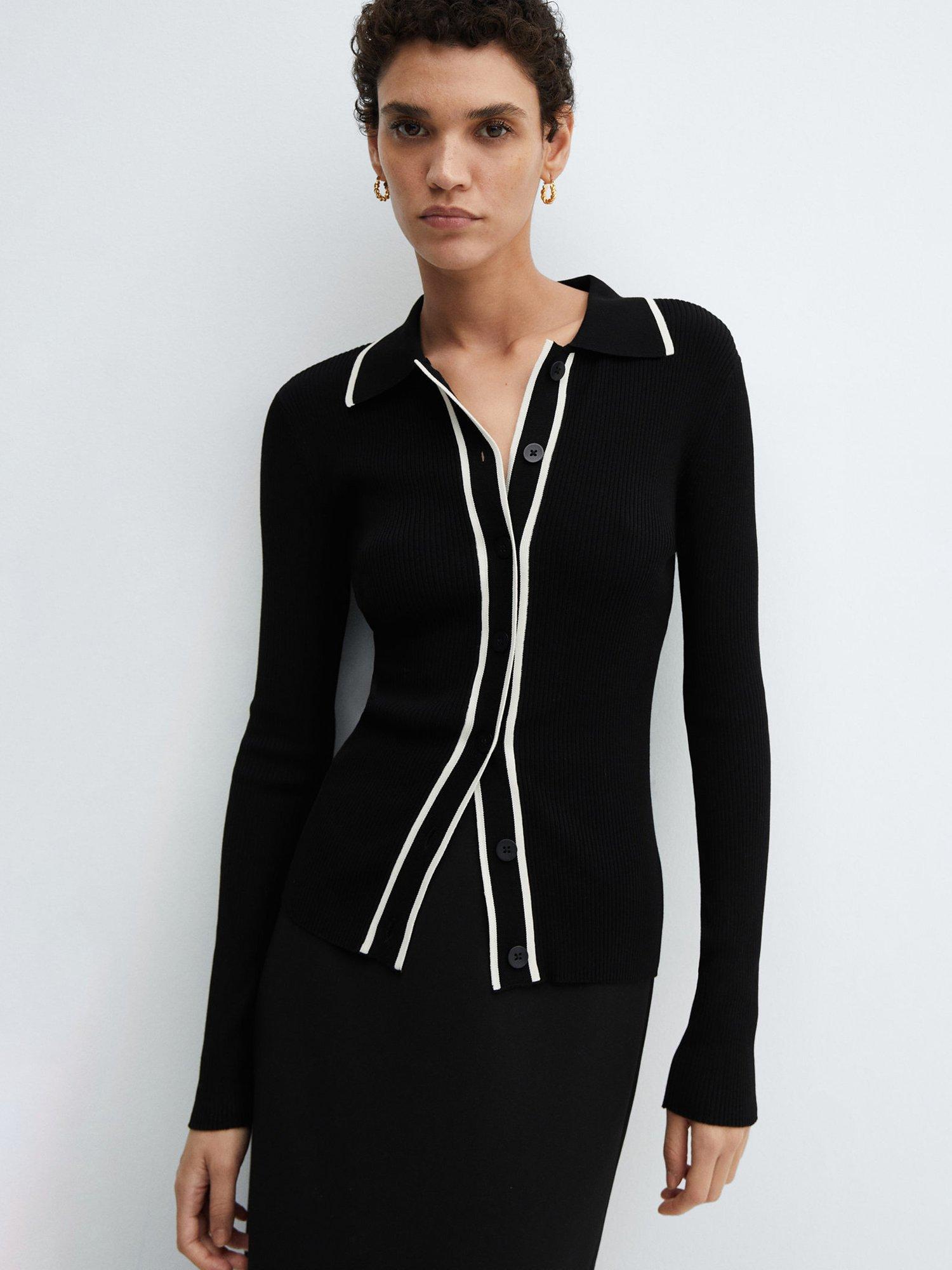 Mango Shadowin Contrast Trim Ribbed Collared Cardigan, Black/White