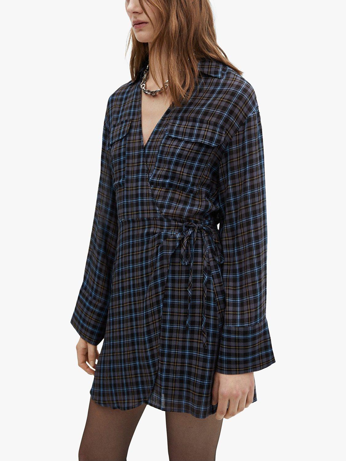 Mango Maria Check Wool Blend Mini Wrap Dress, Medium Blue