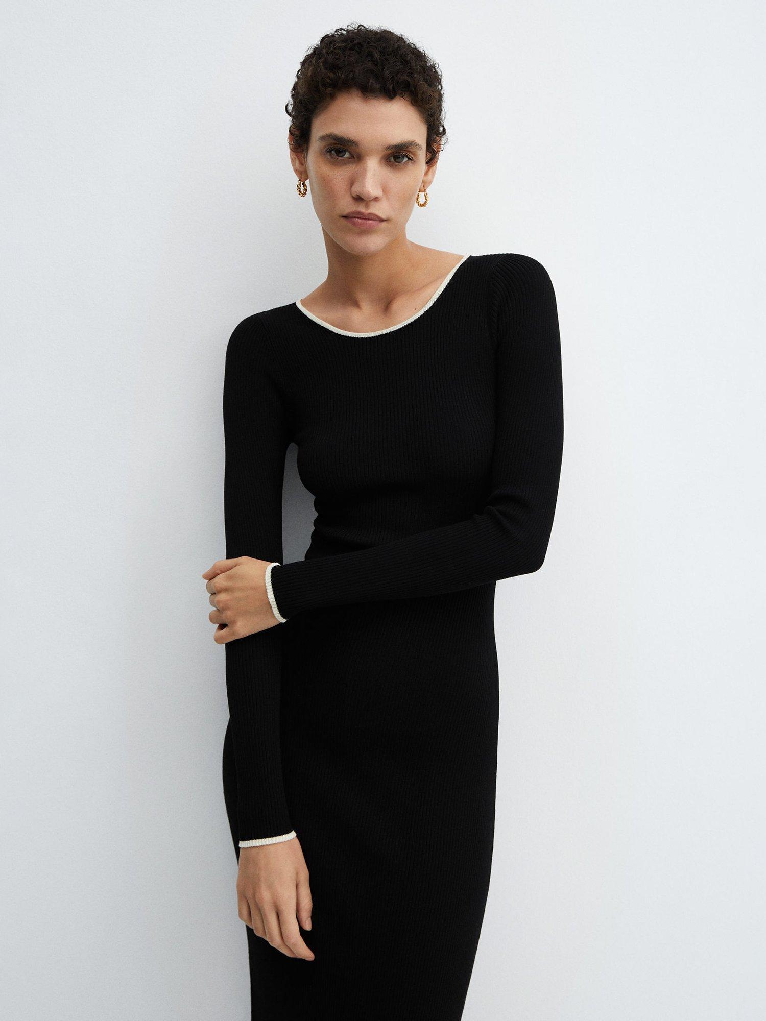 Mango Shadowin Contrast Trim Rib Knit Midi Dress, Black