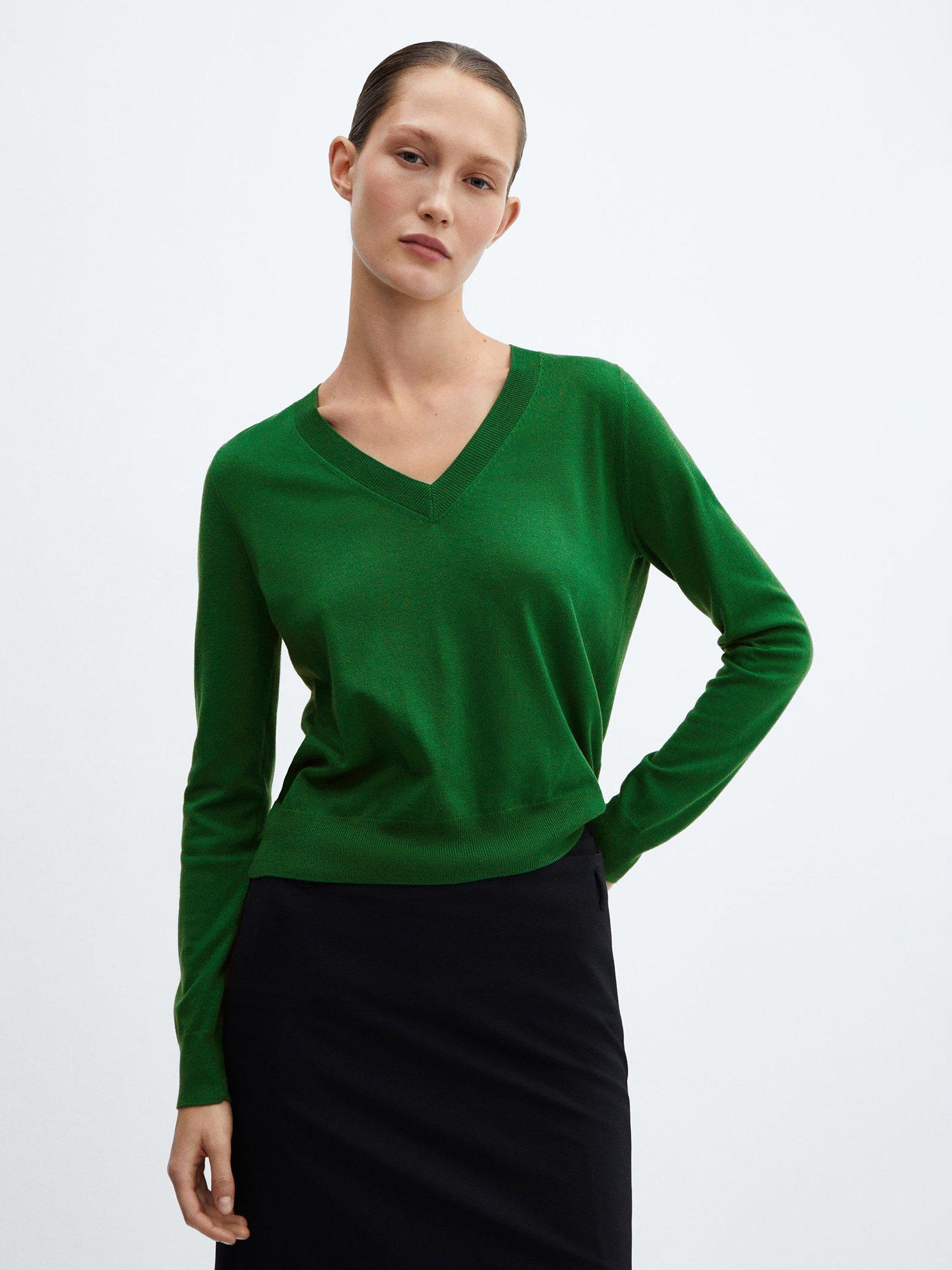 Mango Lukav Fine Knit V Neck Jumper, Green