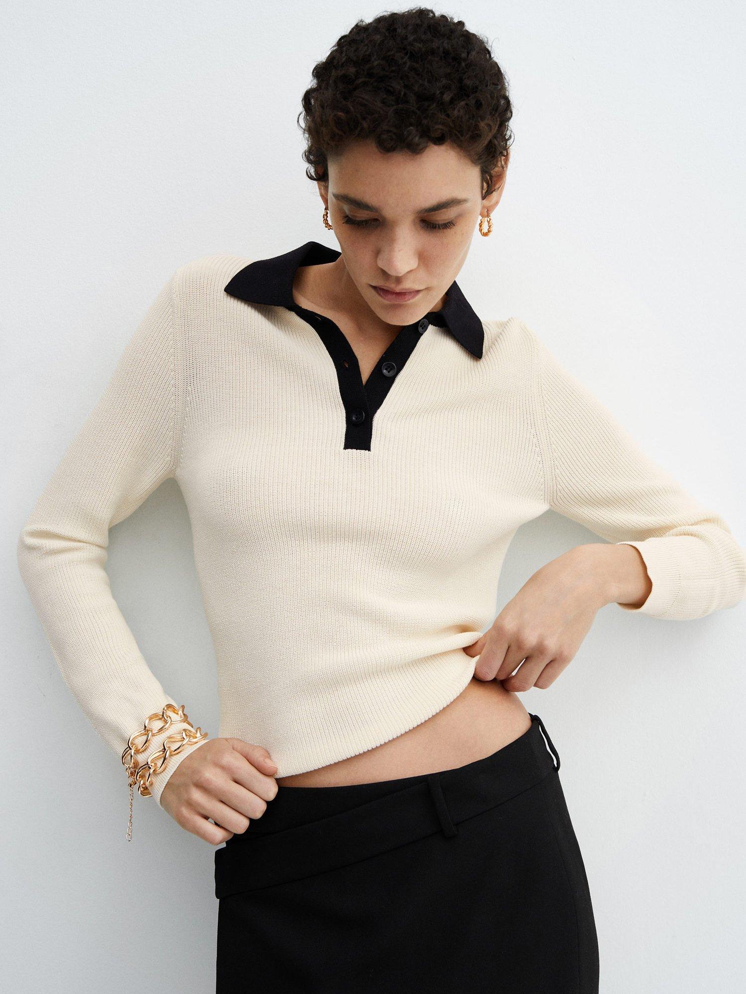 Mango Ricson Ribbed Collar Jumper, Light Beige