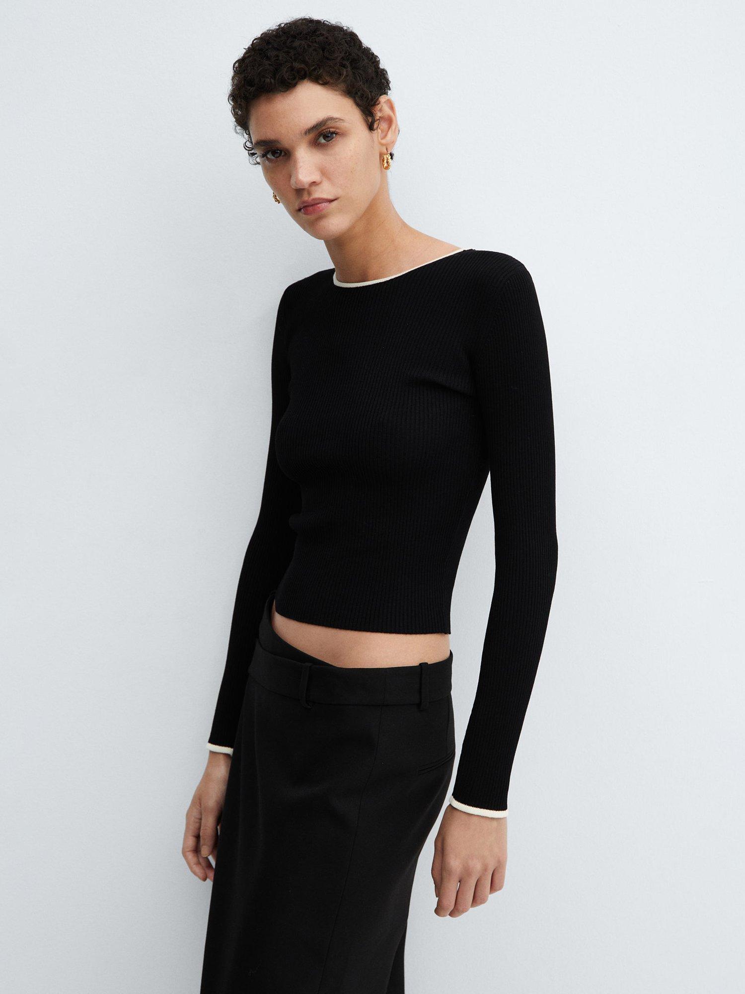 Mango Shadowin Rib Knit Jumper, Black/White, Black/White
