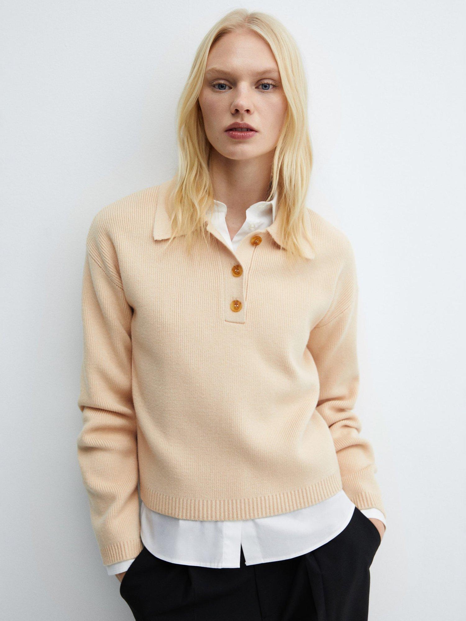 Mango Riccio Rib Knit Polo Collar Jumper, Beige