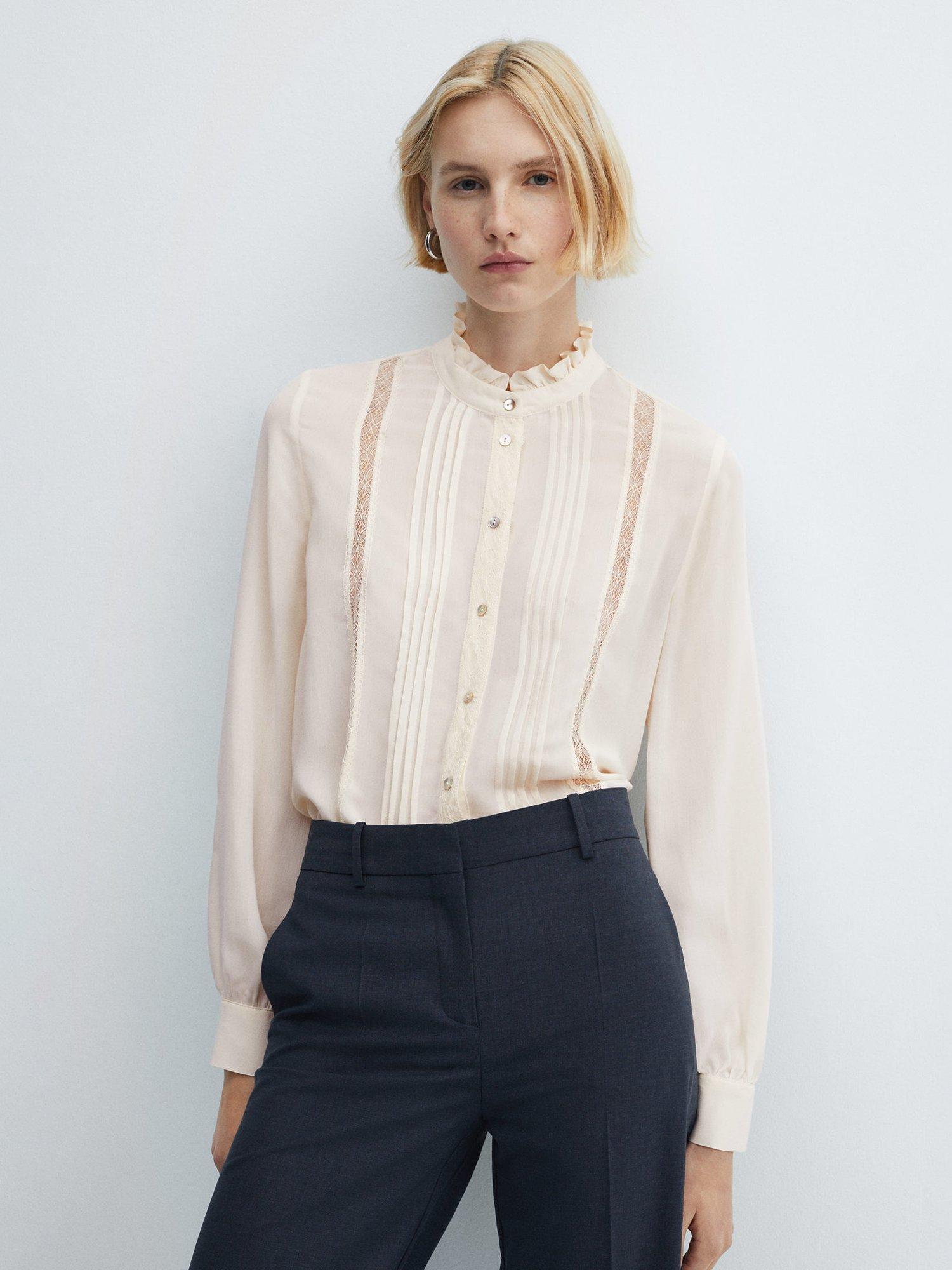 Mango Jaky Lace Trim Frill Collar Blouse, Cream