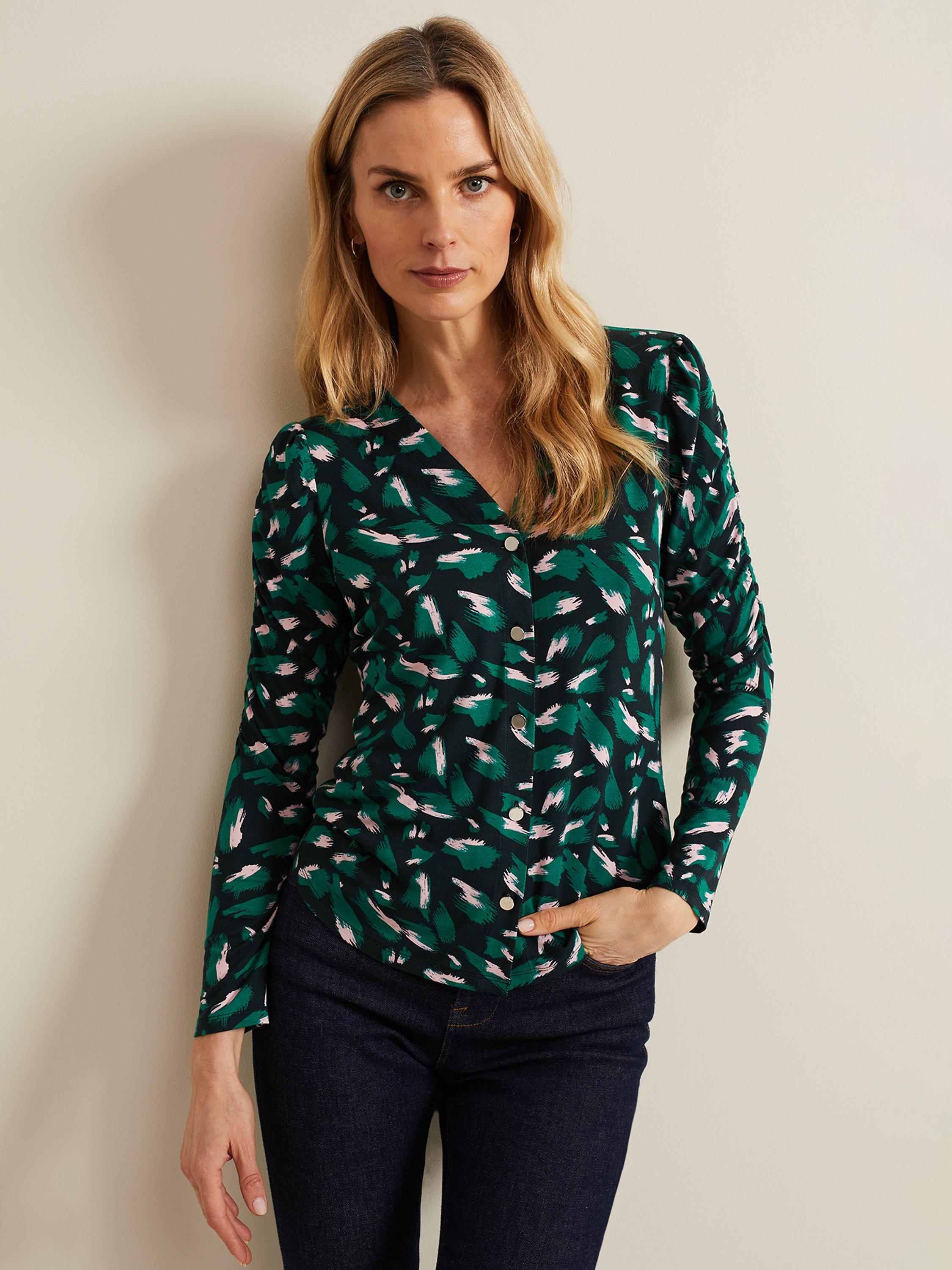 Phase Eight Sindy Button Front Abstract Print Top, Green/Multi