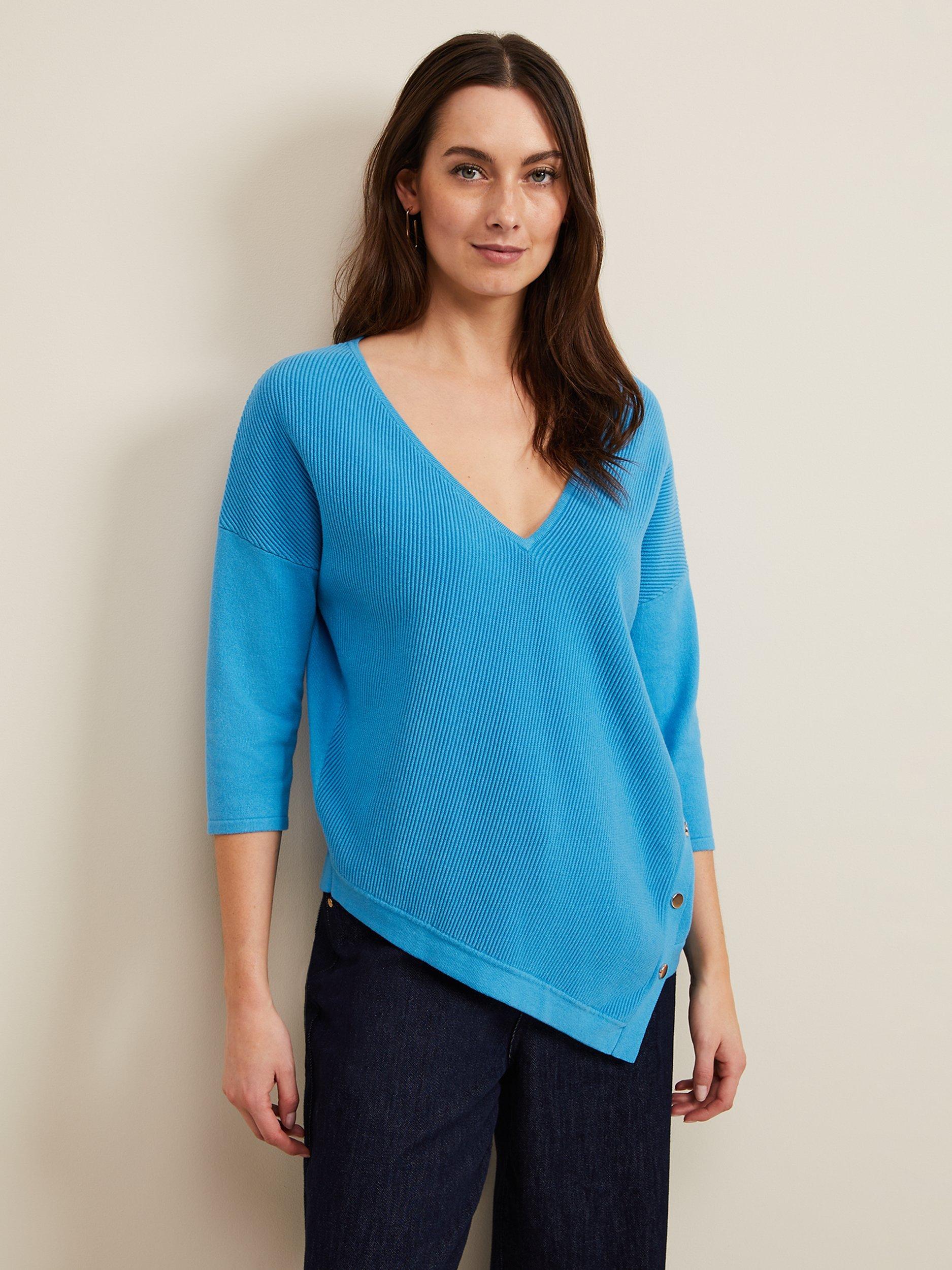 Product image 1 of 5, which shows Phase Eight Georgia Ribbed Asymmetric Hem Button Jumper, Blue, XS