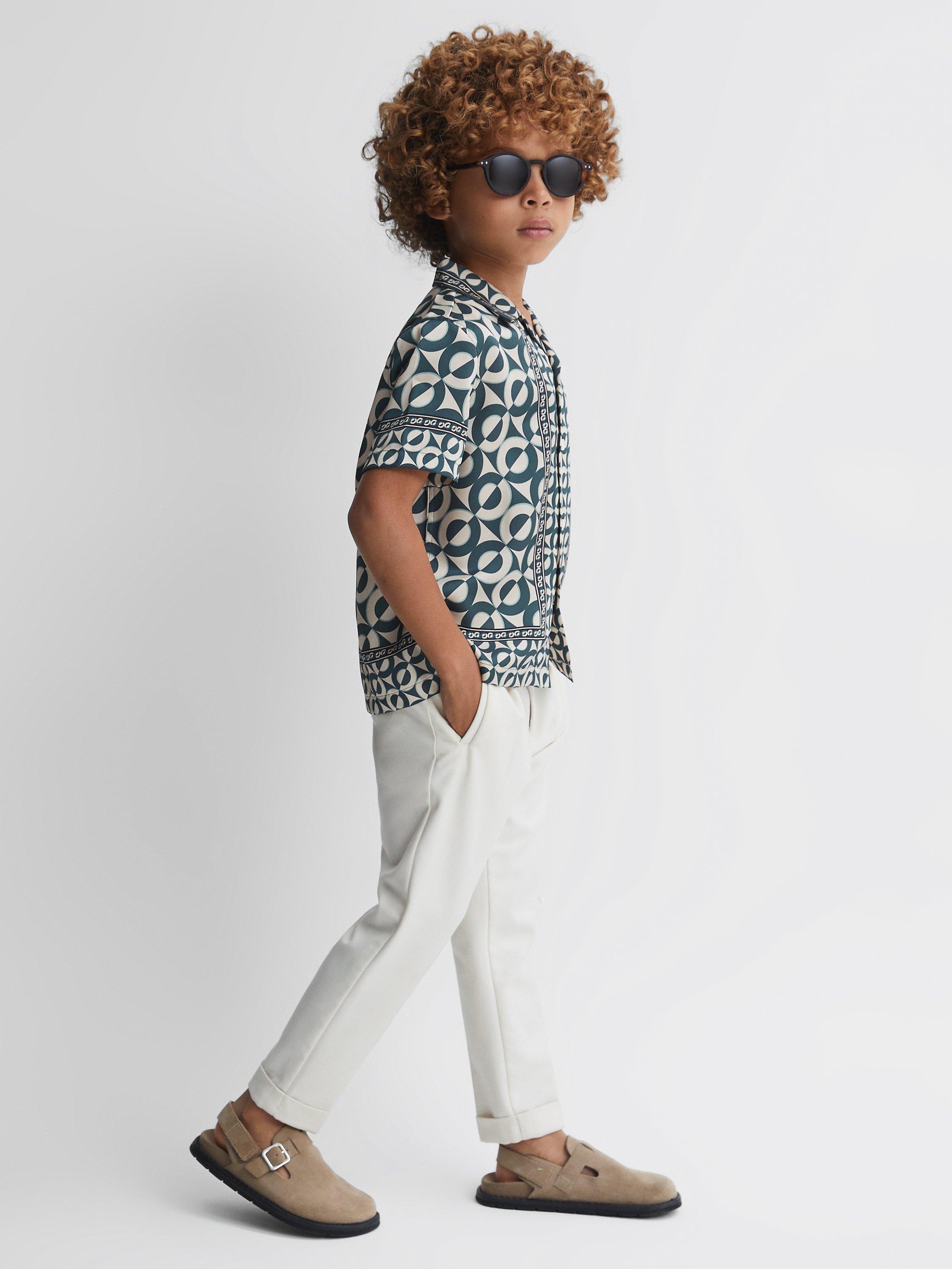 Reiss Kids' Prentice Geometric Print Cuban Collar Shirt, Hunting Green