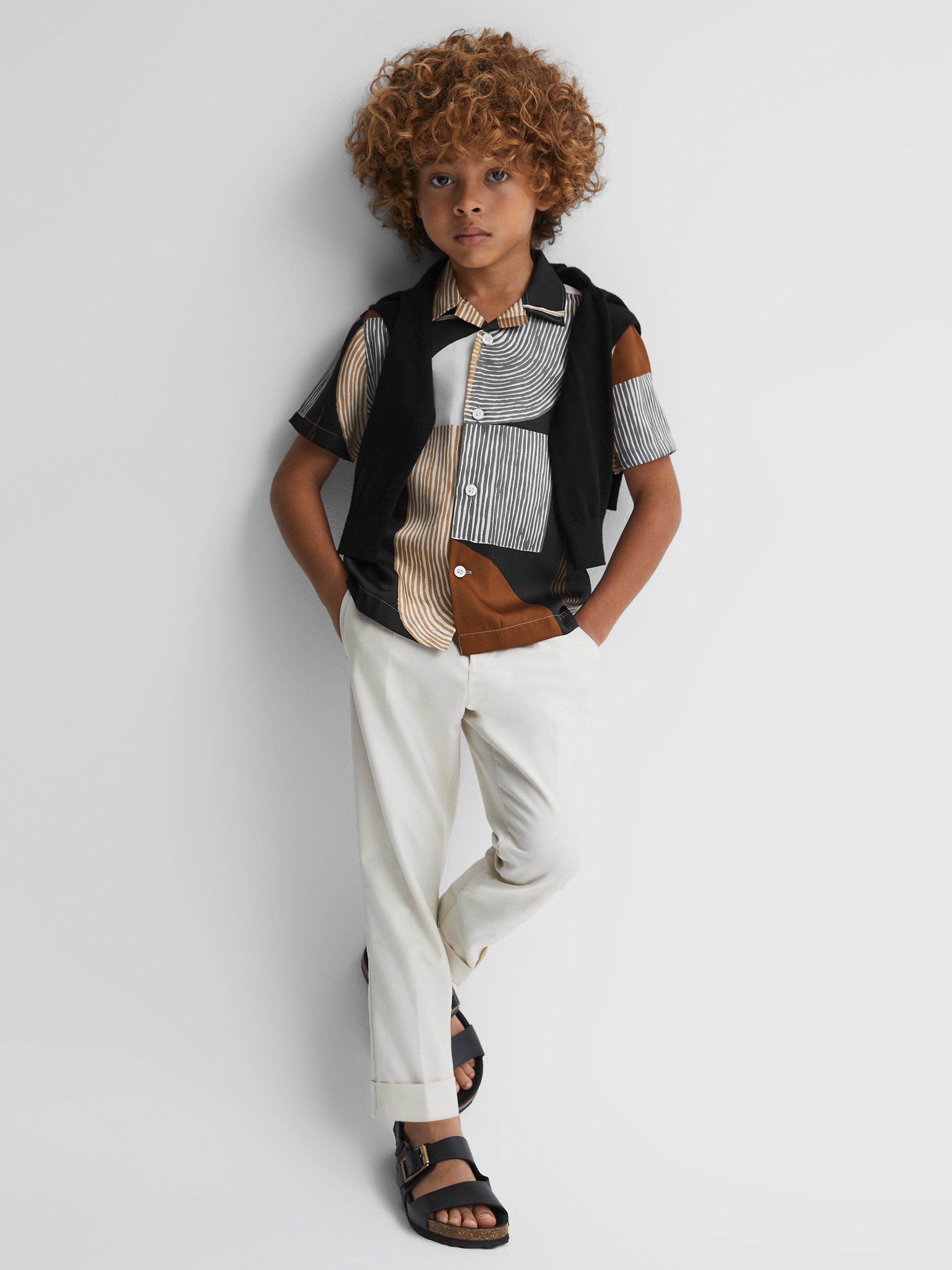 Reiss Kids' Levy Cuban Collar Abstract Stripe Shirt, Tobacco/Navy