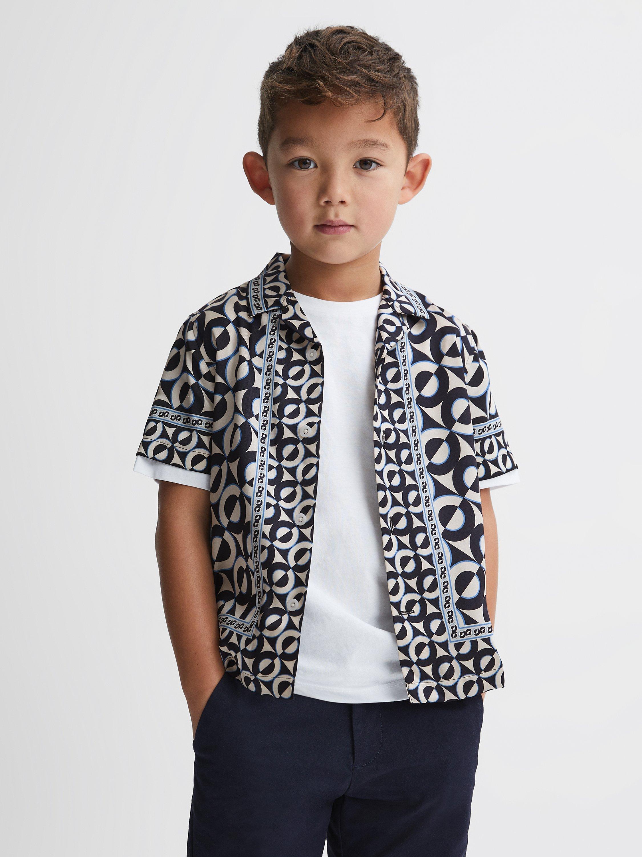 Reiss Kids' Prentice Geometric Print Cuban Collar Shirt, Lapis Blue